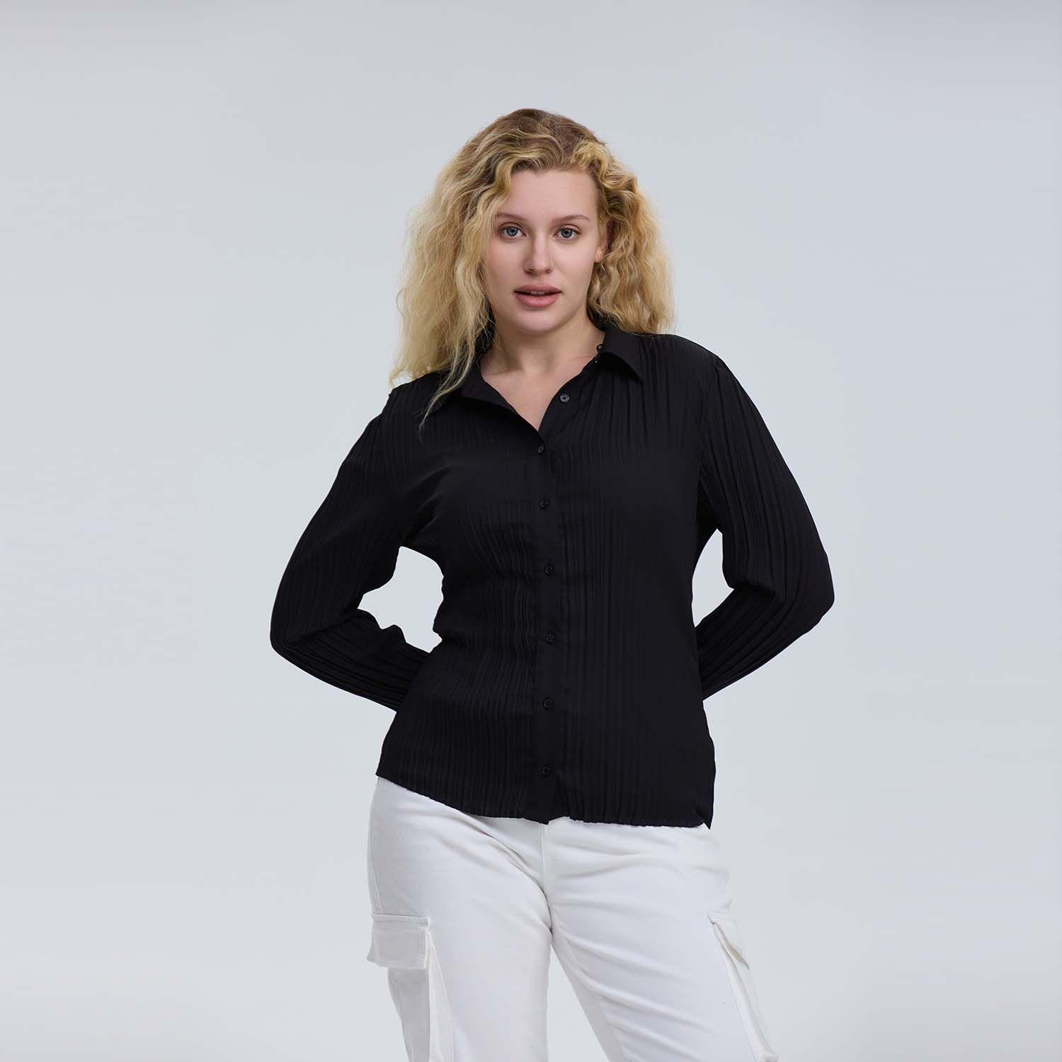 Blusa Mujer Abotónada Lisa Textura Negro-0