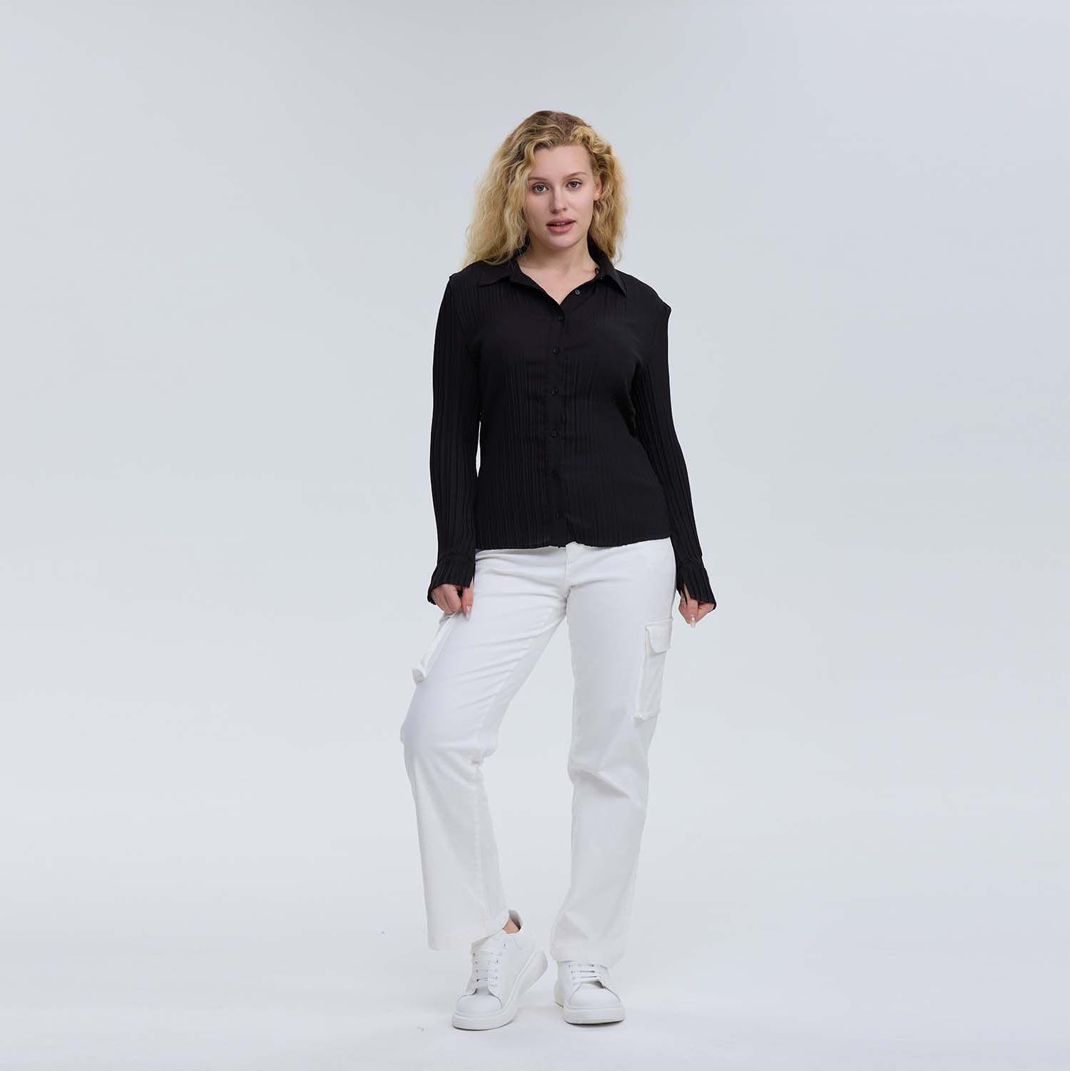 Blusa Mujer Abotónada Lisa Textura Negro-3