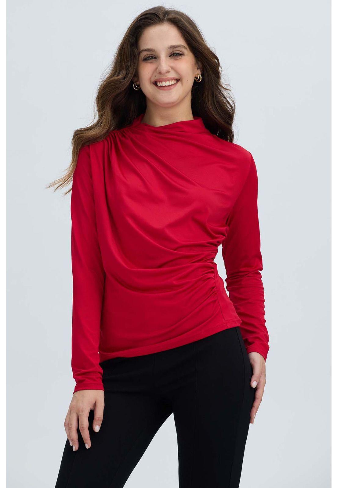 Polera Mujer Aplicación Arrugado Rojo Oscuro-0