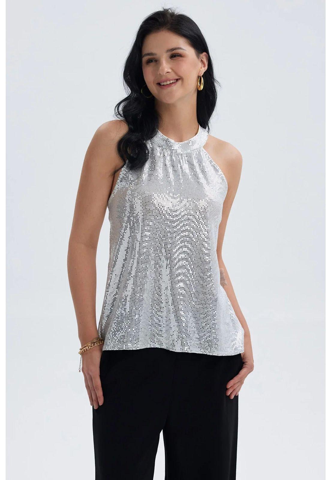 Blusa Mujer Lentejuelas Amarra Plateado-0