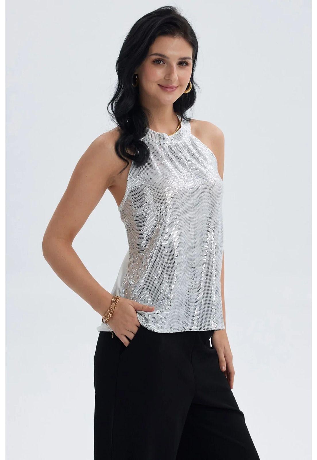 Blusa Mujer Lentejuelas Amarra Plateado-1