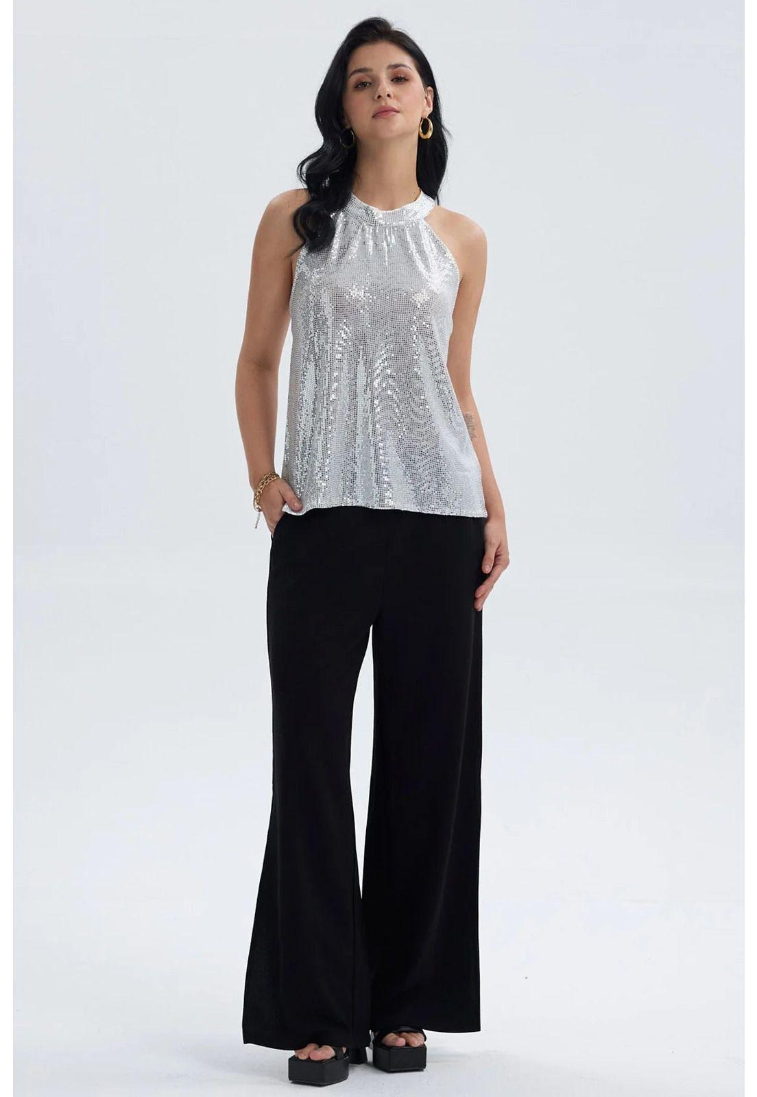 Blusa Mujer Lentejuelas Amarra Plateado-3