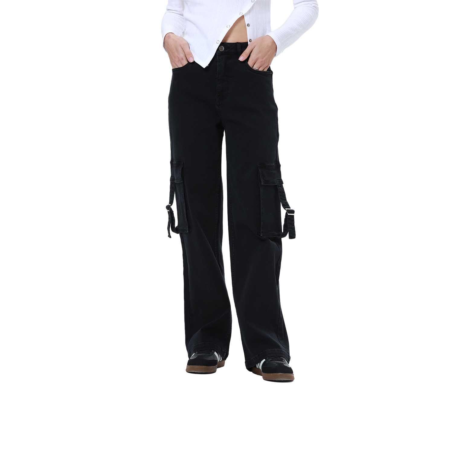 Jeans Mujer Cargo Calce Recto Negro I-0