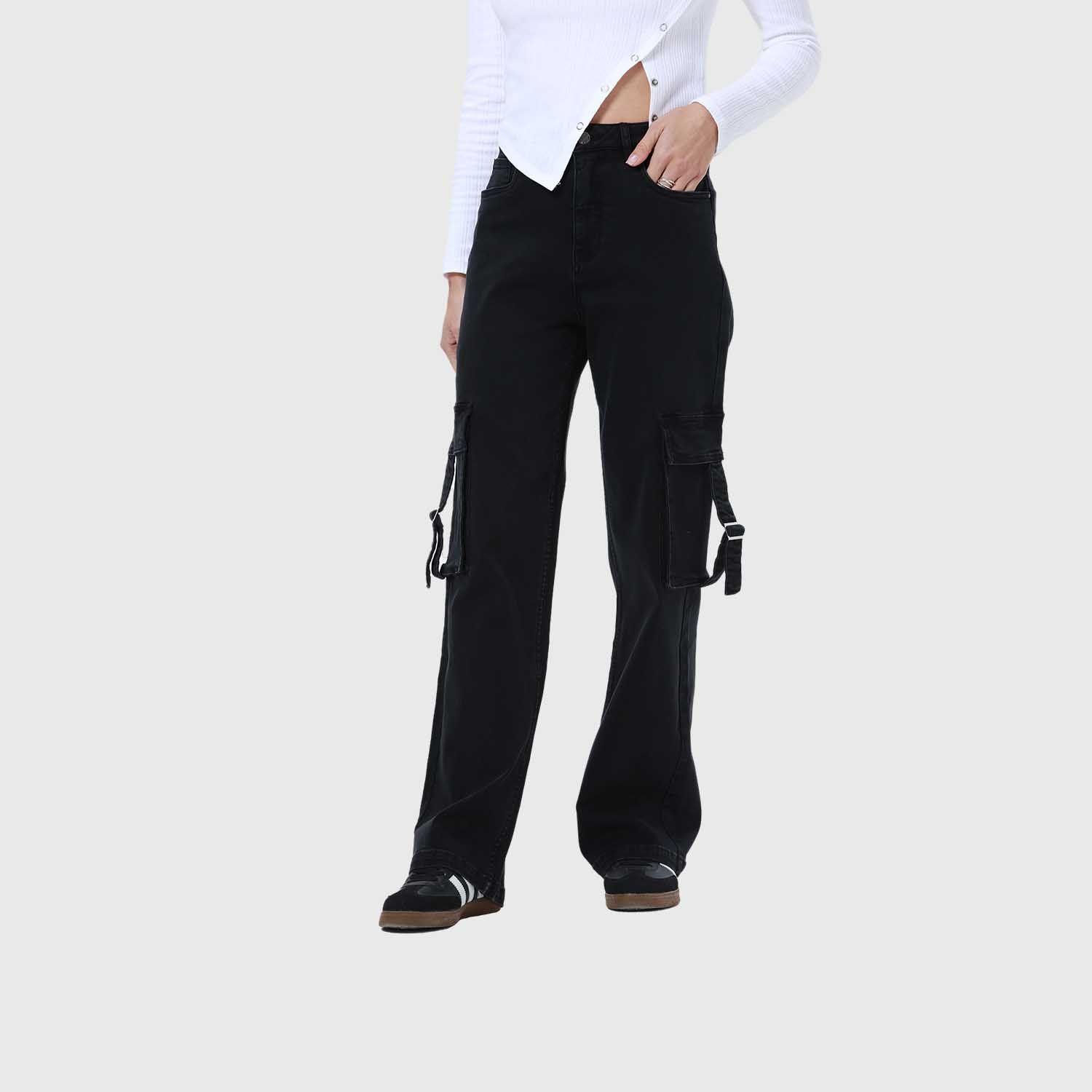 Jeans Mujer Cargo Calce Recto Negro I-1