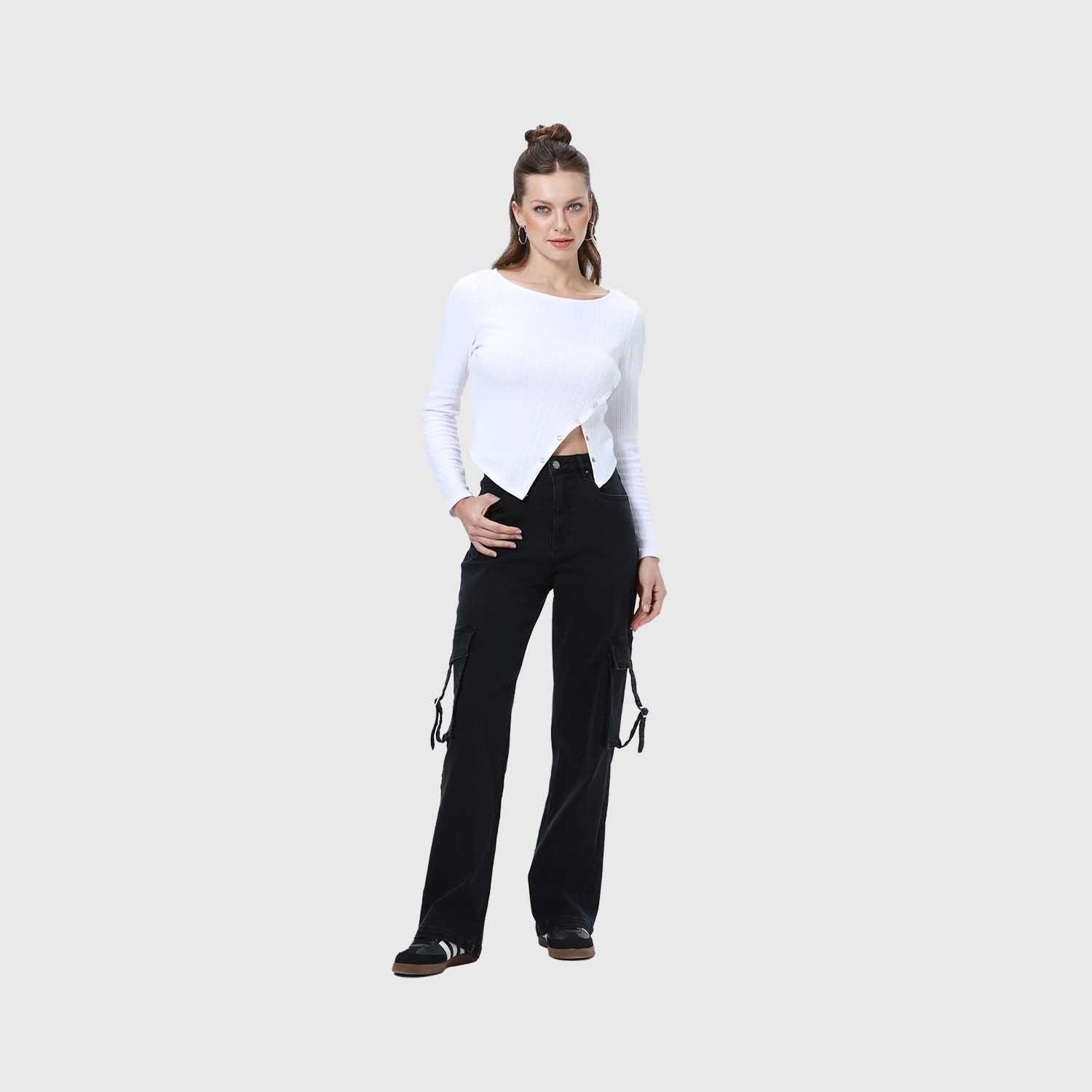 Jeans Mujer Cargo Calce Recto Negro I-3