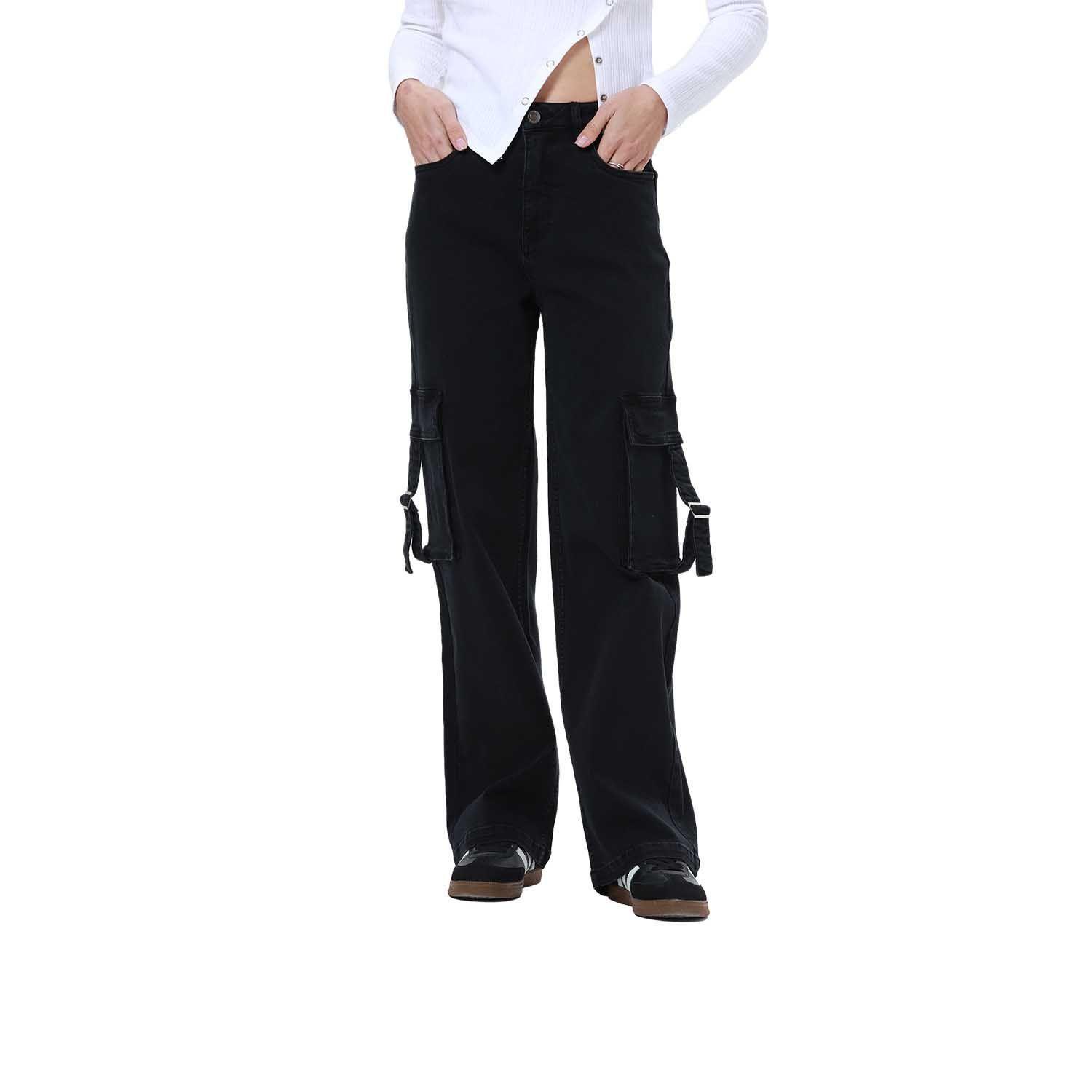 Jeans Mujer Cargo Calce Recto Negro I-0