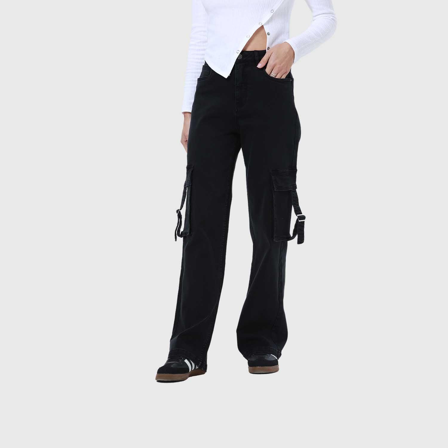 Jeans Mujer Cargo Calce Recto Negro I-1