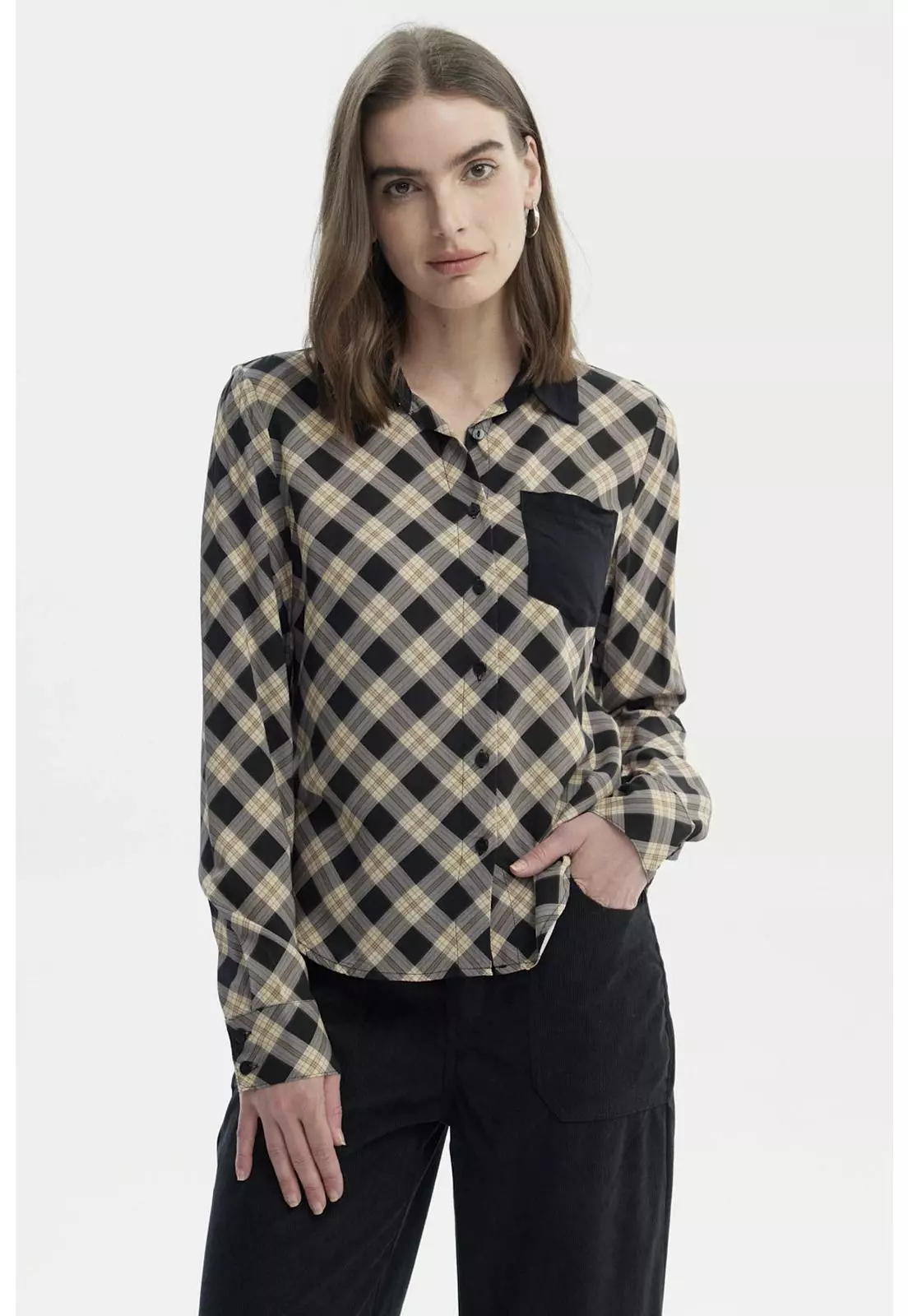 Blusa Mujer Cuello Camisero Y Diseño Negro/Beige-0