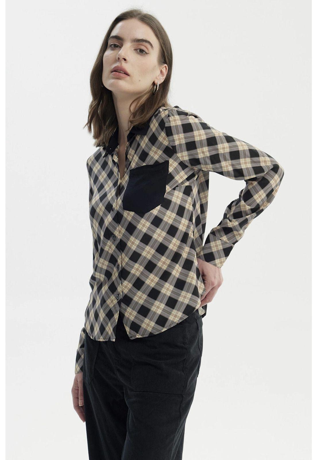 Blusa Mujer Cuello Camisero Y Diseño Negro/Beige-1