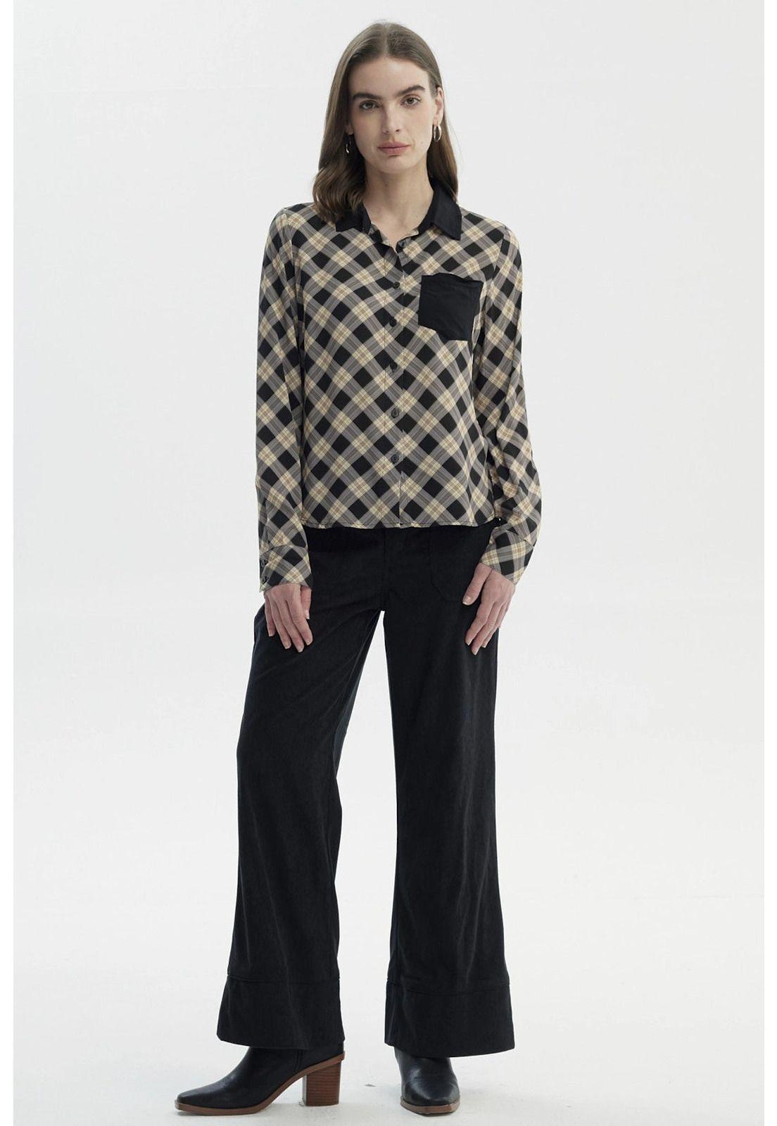 Blusa Mujer Cuello Camisero Y Diseño Negro/Beige-3