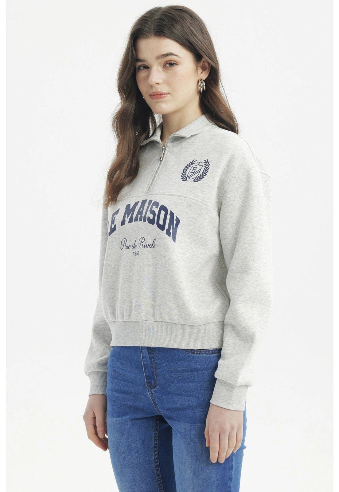Polerón Mujer Slim Half Zipper Gris Melange Claro-1
