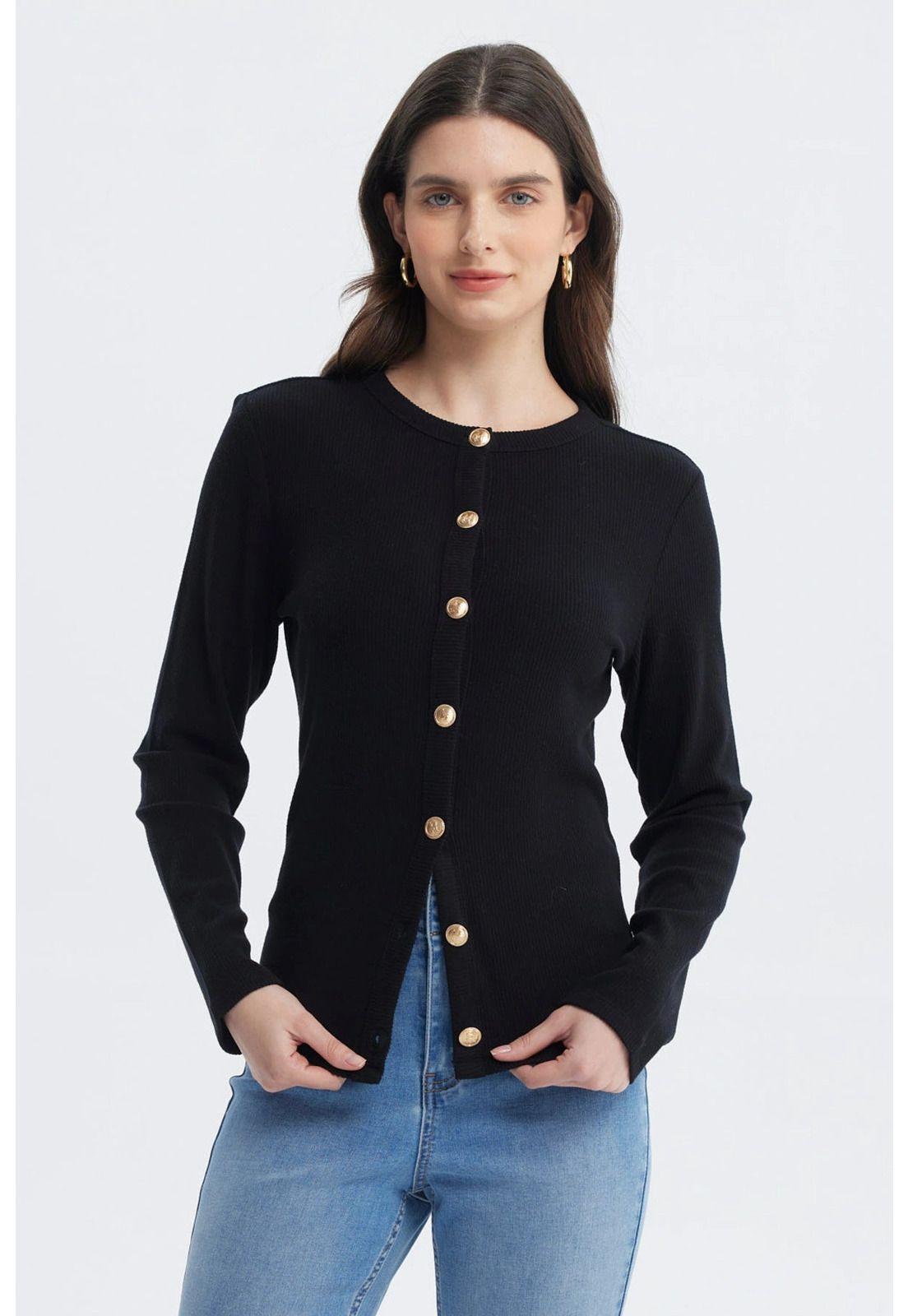 Sweater Mujer Aplicación Botones Negro-0