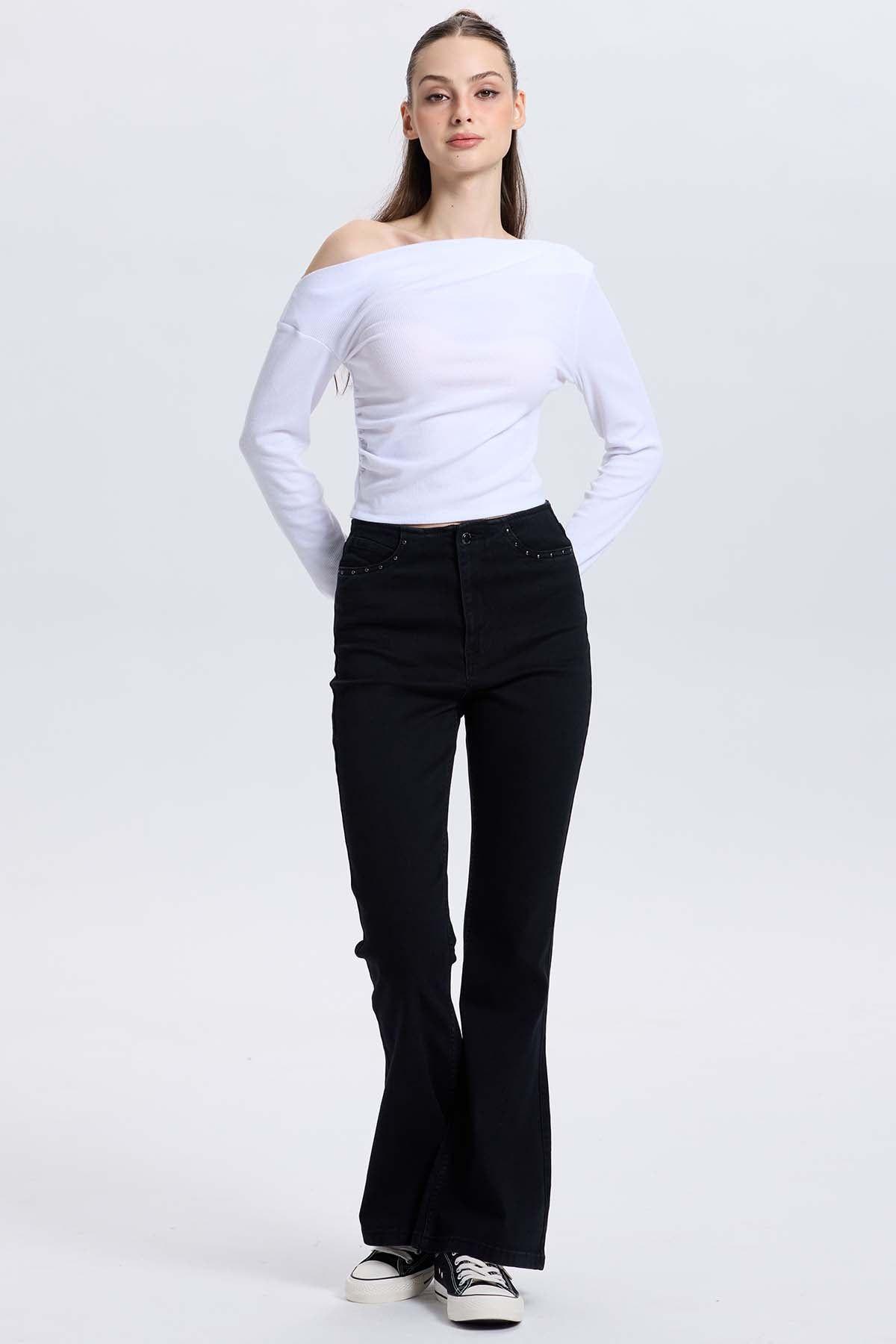 Jeans Mujer Flare Tachas Negro-3