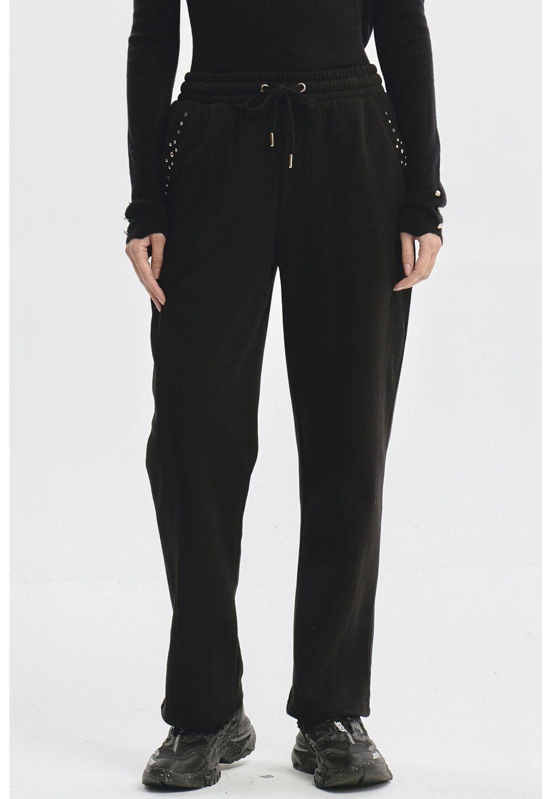 Pantalón Buzo Mujer Calce Recto Con Aplicación Negro-0