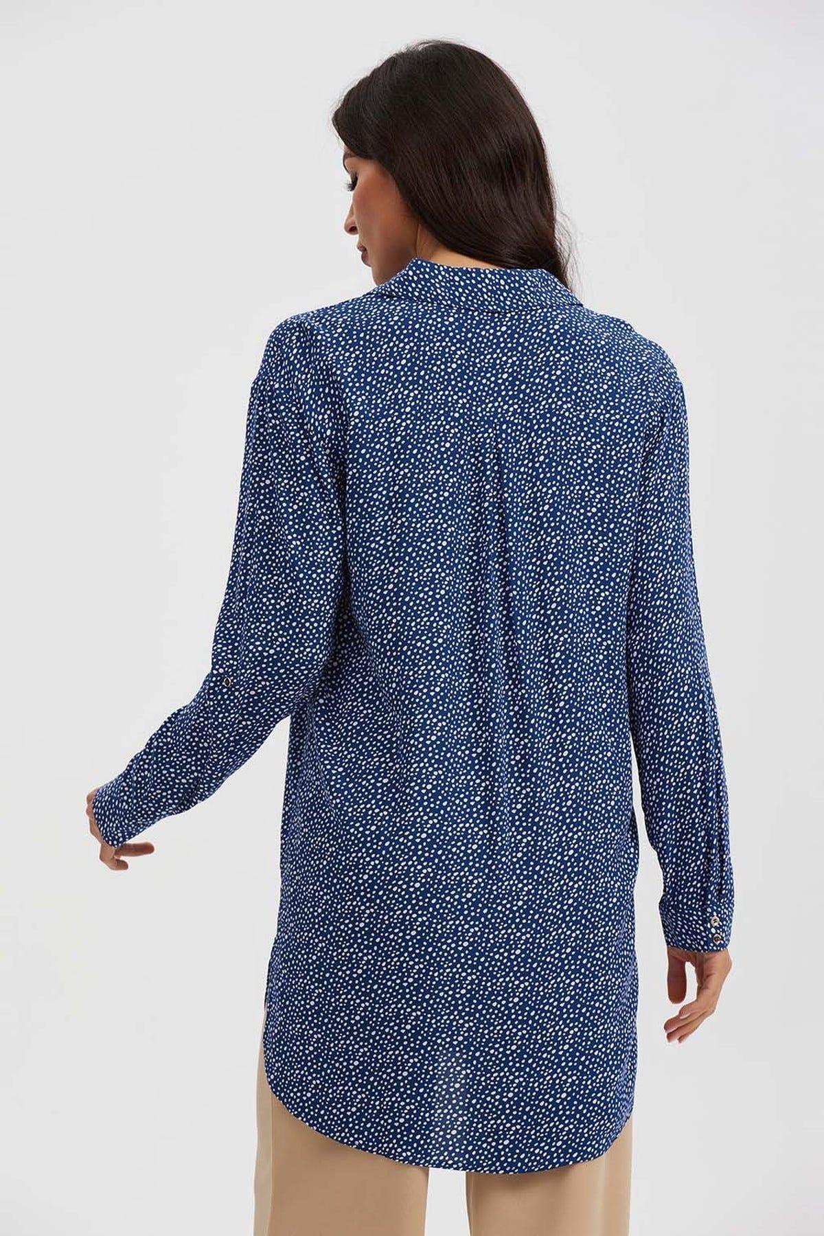 Blusa Mujer Larga Con Botón Parche Azul-2