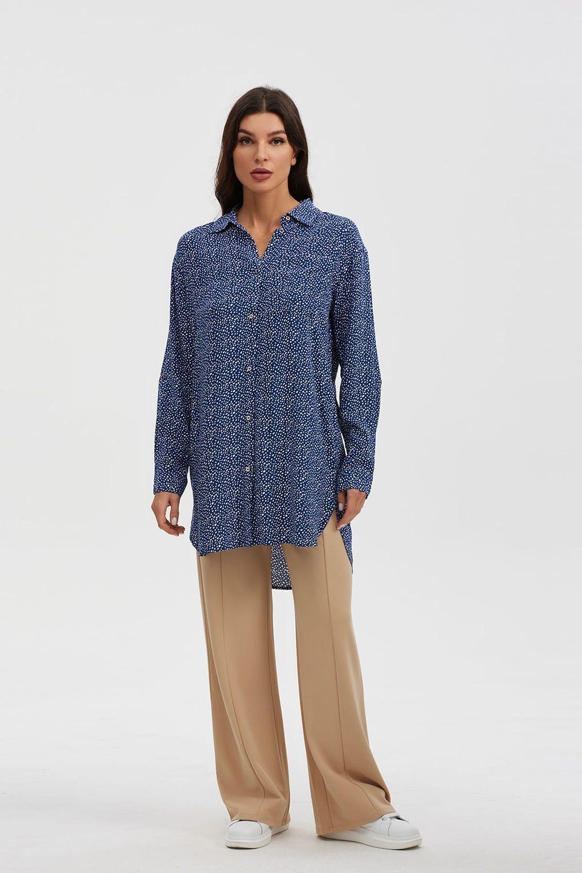 Blusa Mujer Larga Con Botón Parche Azul-3
