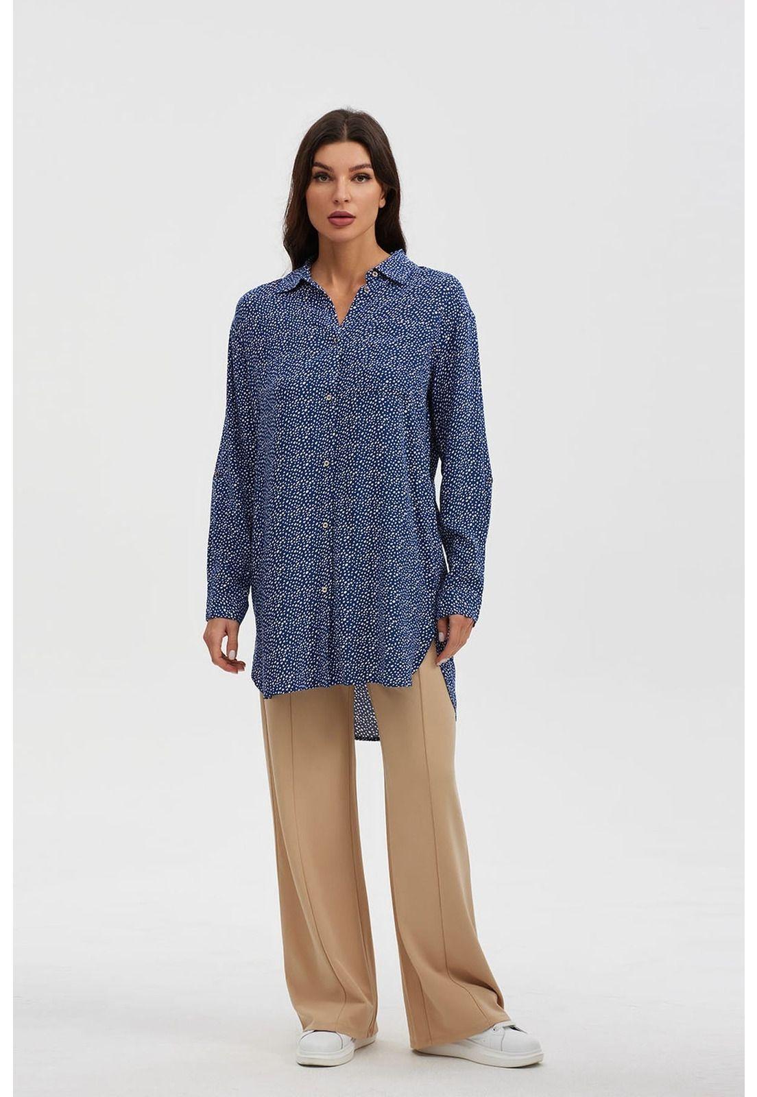 Blusa Mujer Larga Con Botón Parche Azul-3