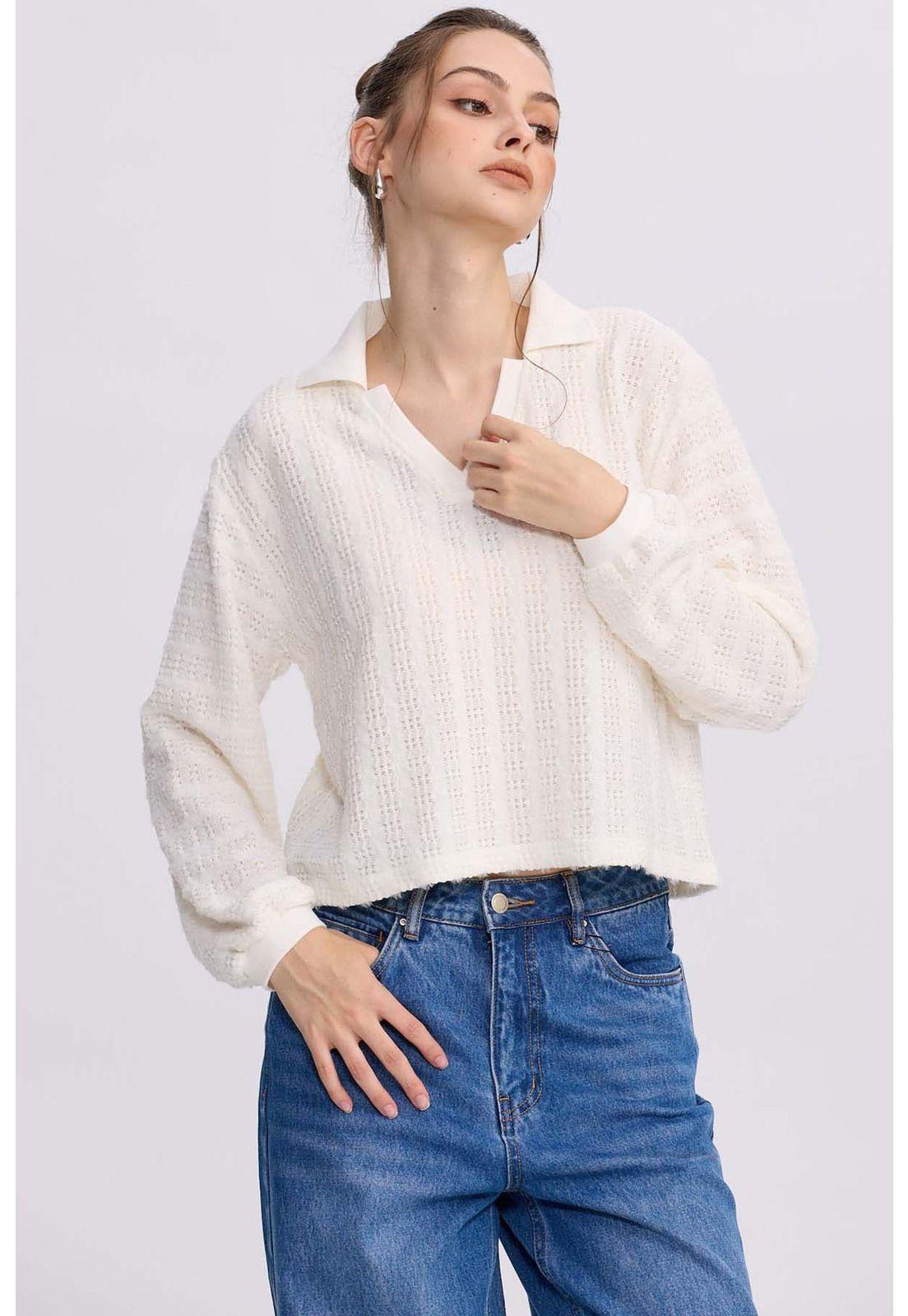 Polerón Mujer Cuello Camisero Crudo-0