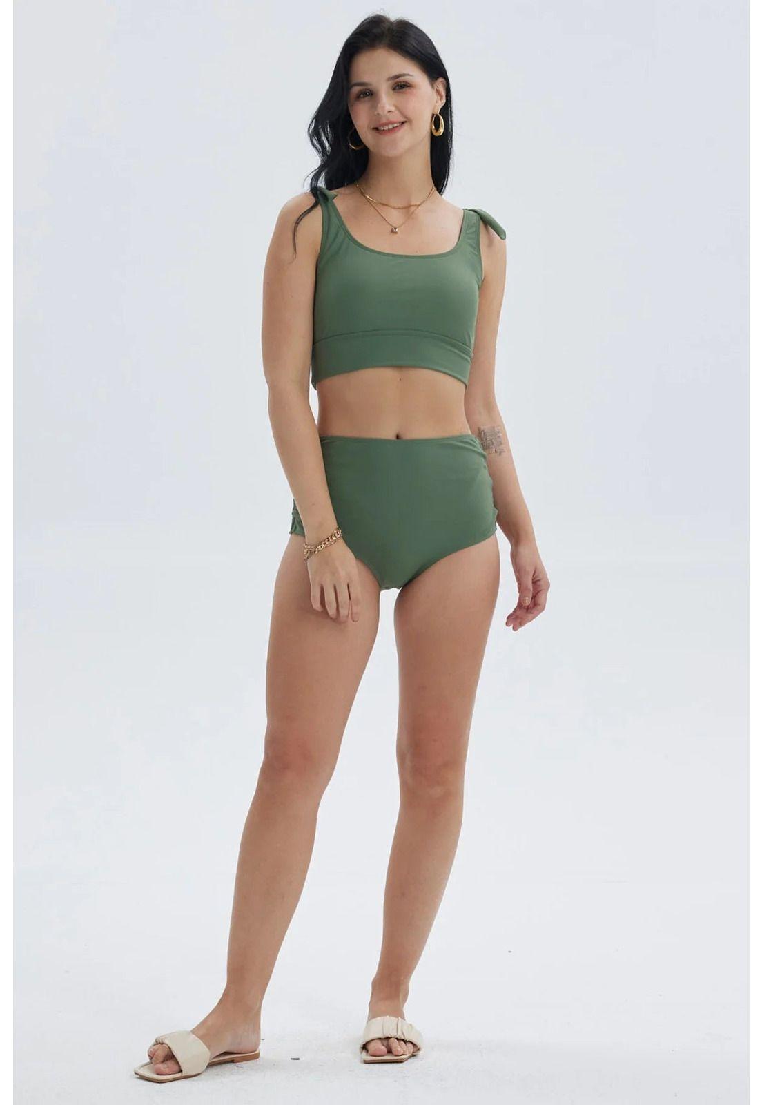 Traje De Baño Mujer Tiro Alto Con Abertura Verde-3