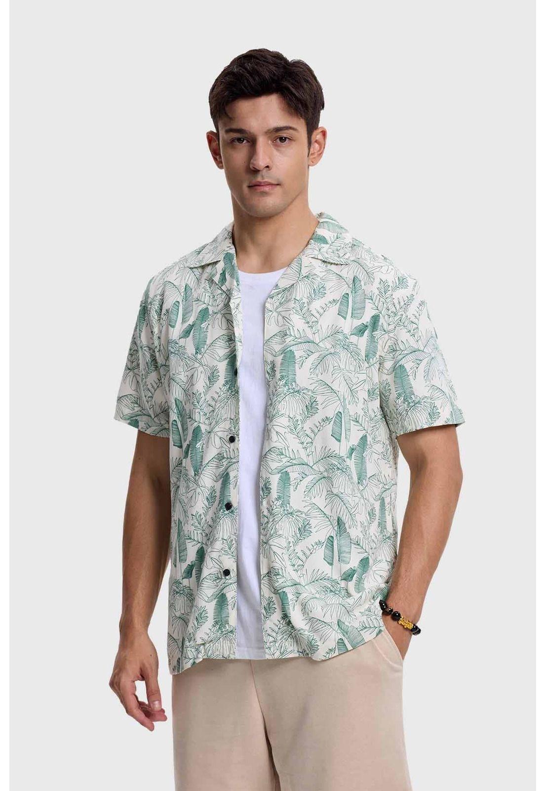 Camisa Hombre Diseño Tropical Beige-1