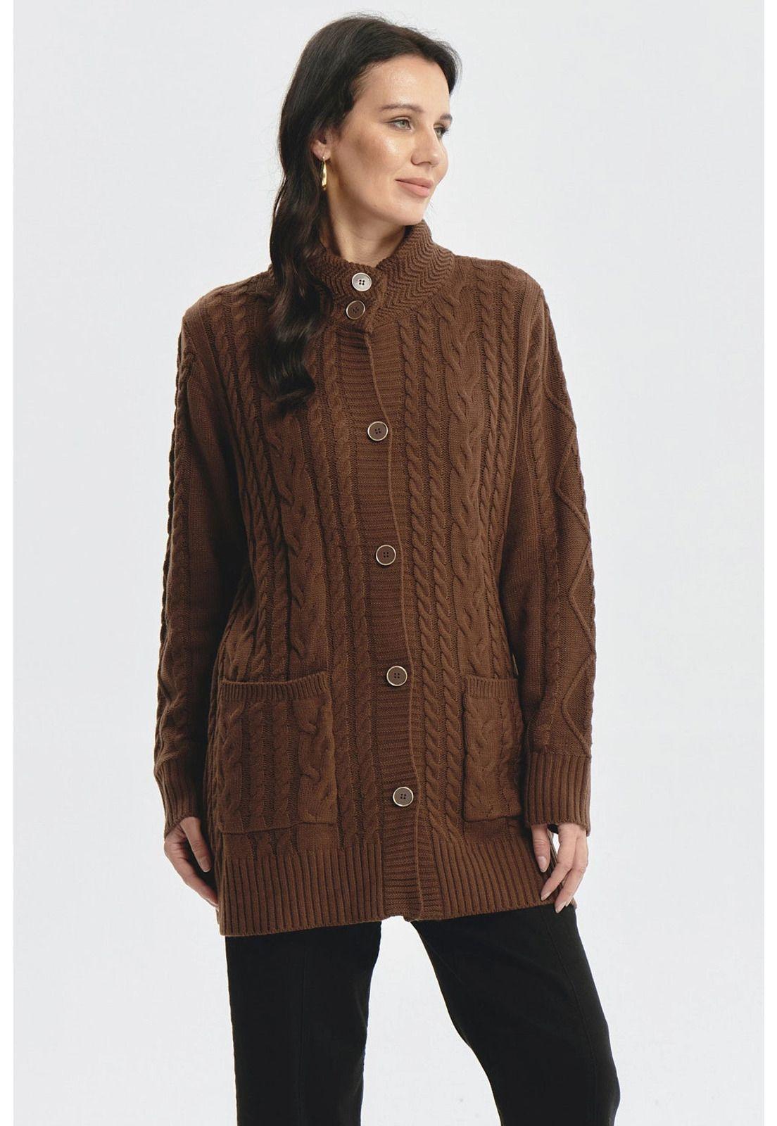 Sweater Mujer Largo Con Botón Café-1