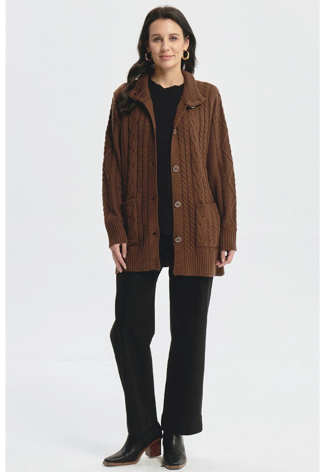 Sweater Mujer Largo Con Botón Café-3