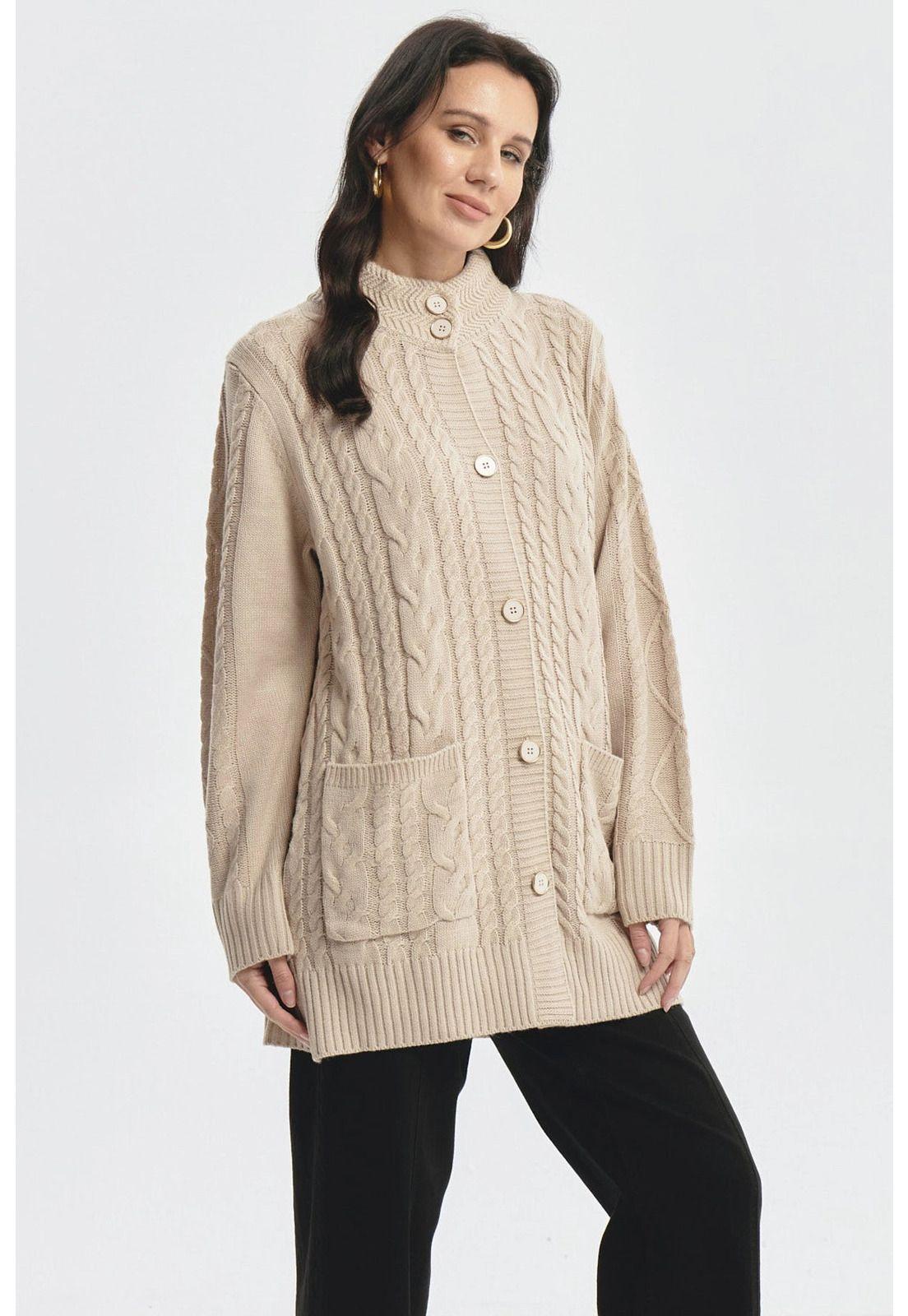 Sweater Mujer Largo Con Botón Beige-1