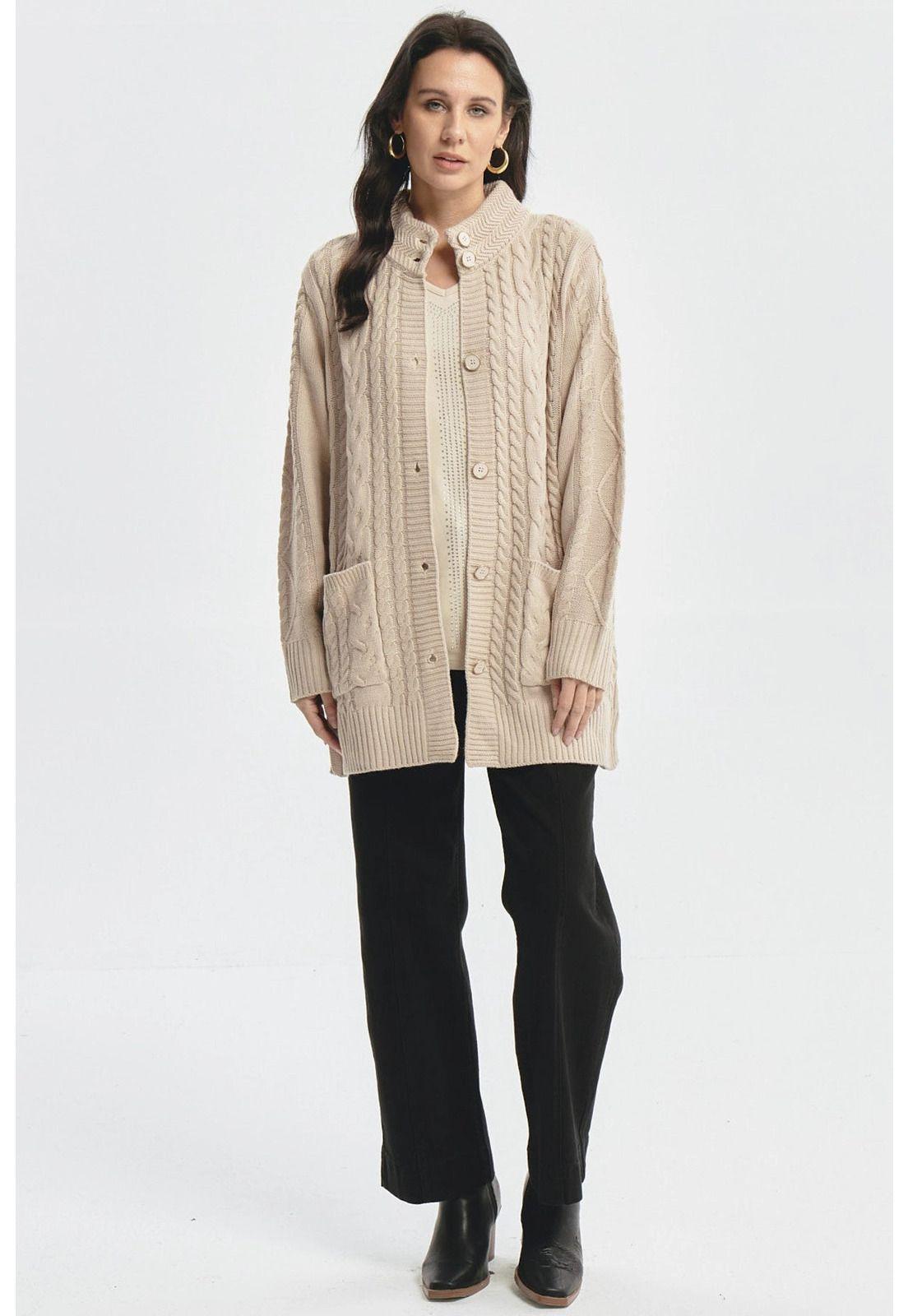 Sweater Mujer Largo Con Botón Beige-3