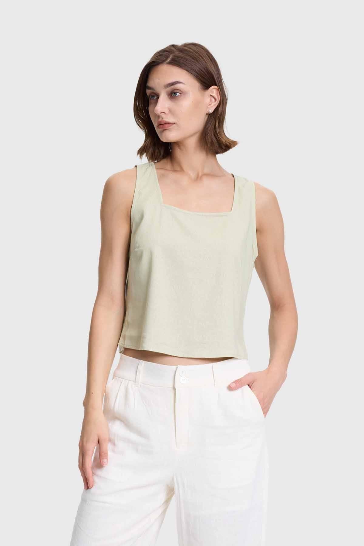 Blusa Mujer Crop Escote Cuadrado Caqui-0