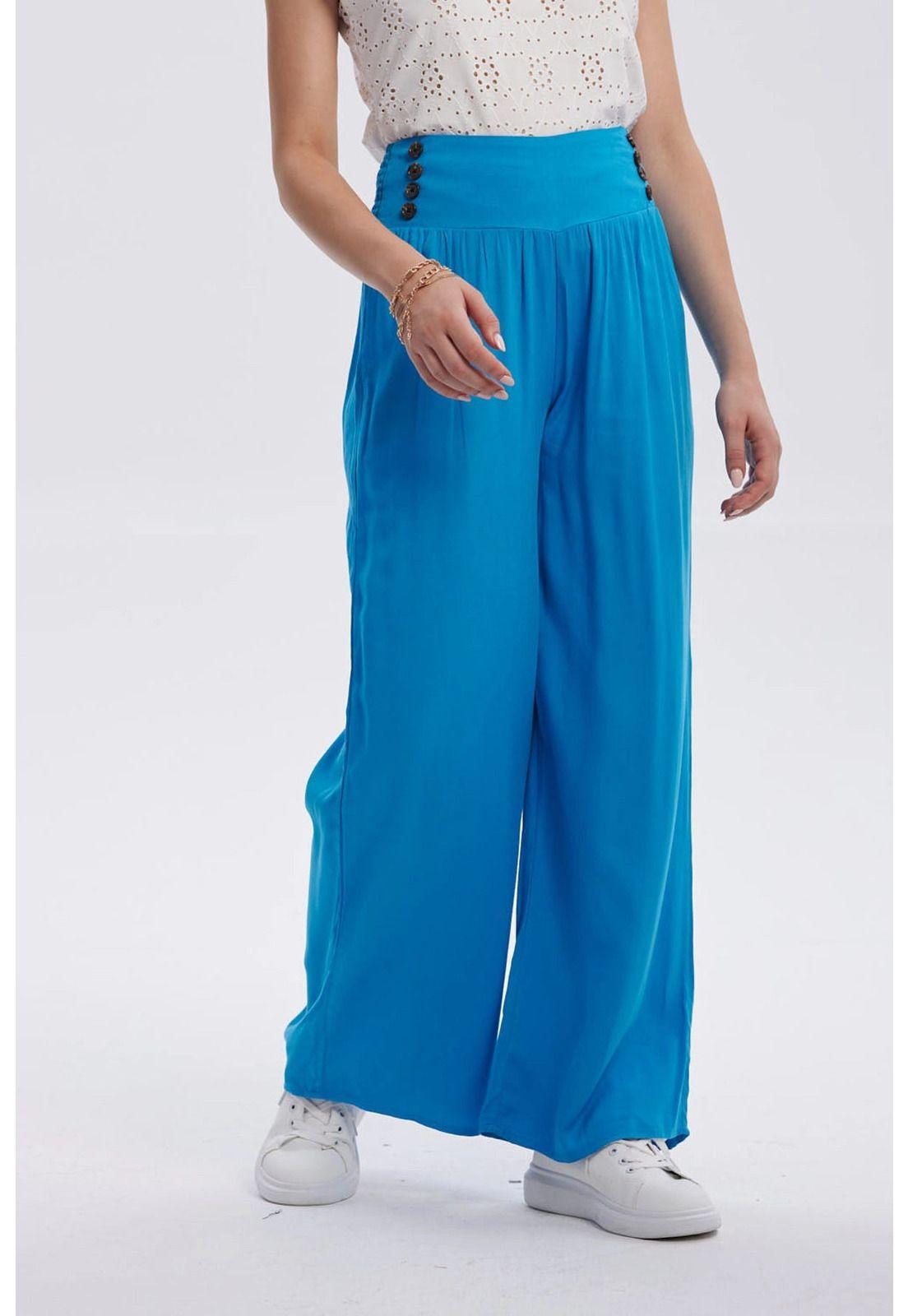 Pantalón Mujer Palazzo Aplicación Botones Azul Claro-0