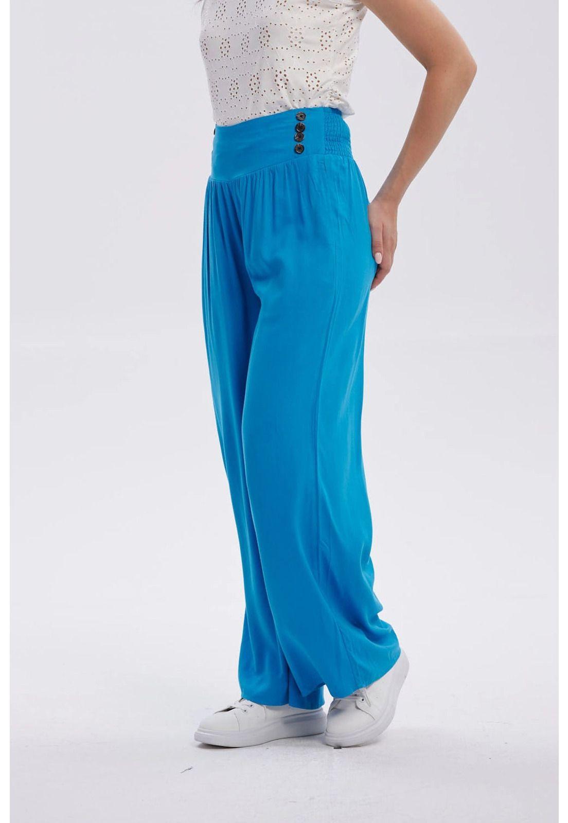 Pantalón Mujer Palazzo Aplicación Botones Azul Claro-1