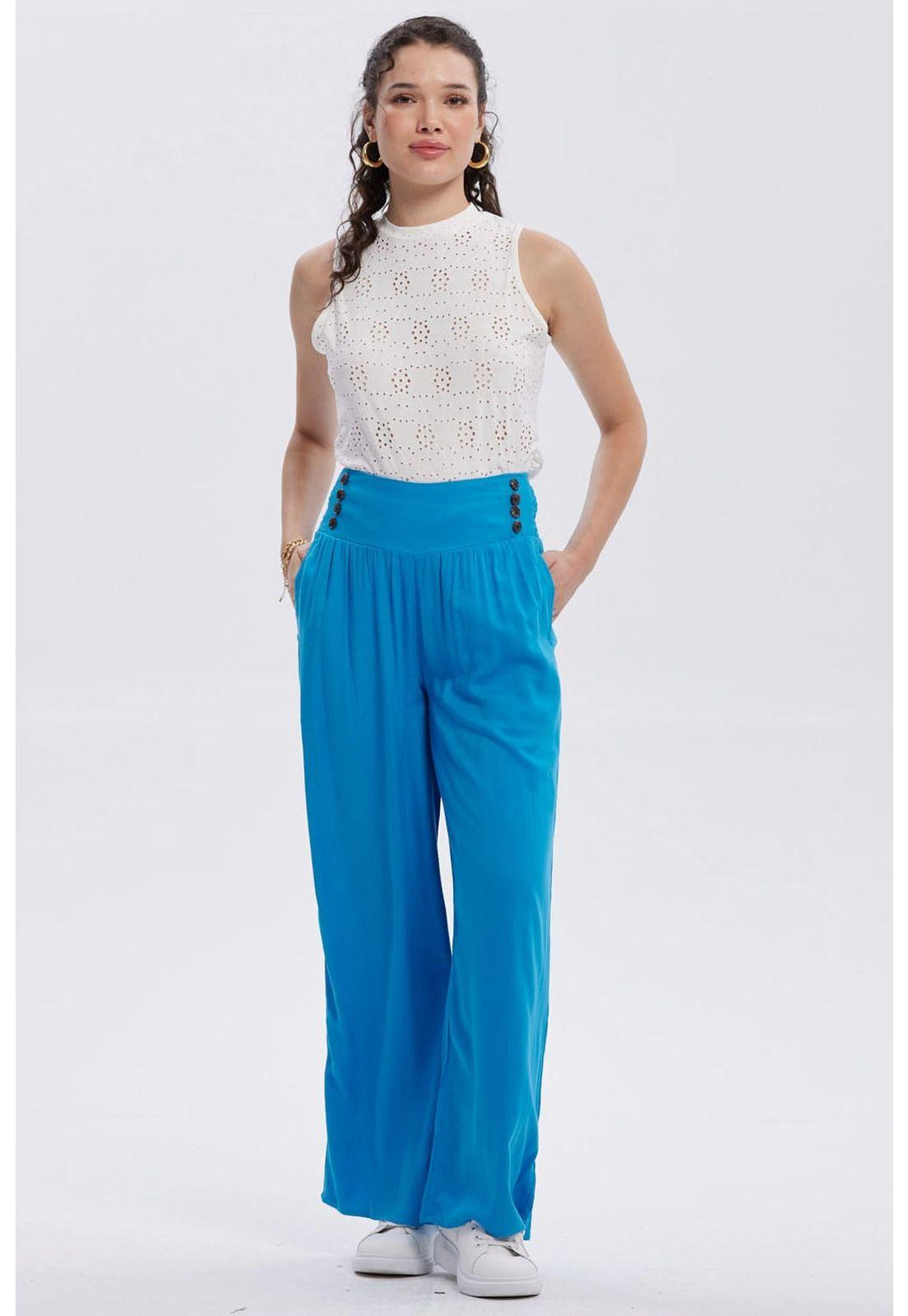Pantalón Mujer Palazzo Aplicación Botones Azul Claro-3
