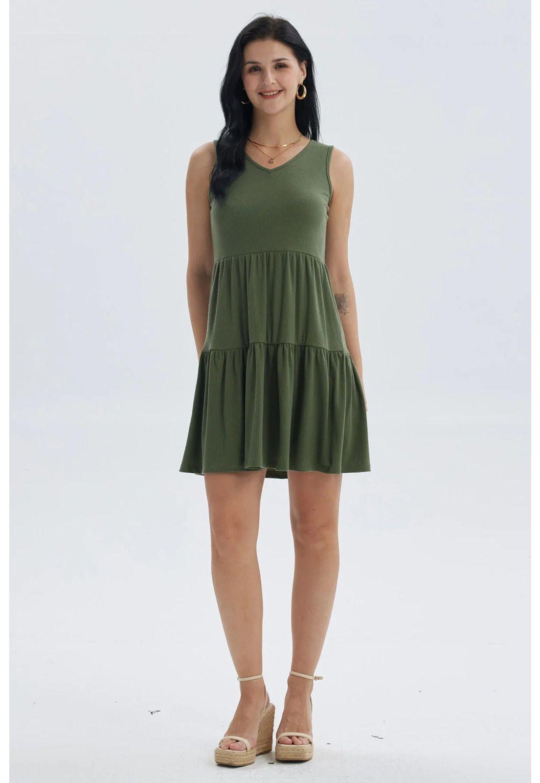 Vestido Mujer Liso Rib Con Corte Verde Musgo-0