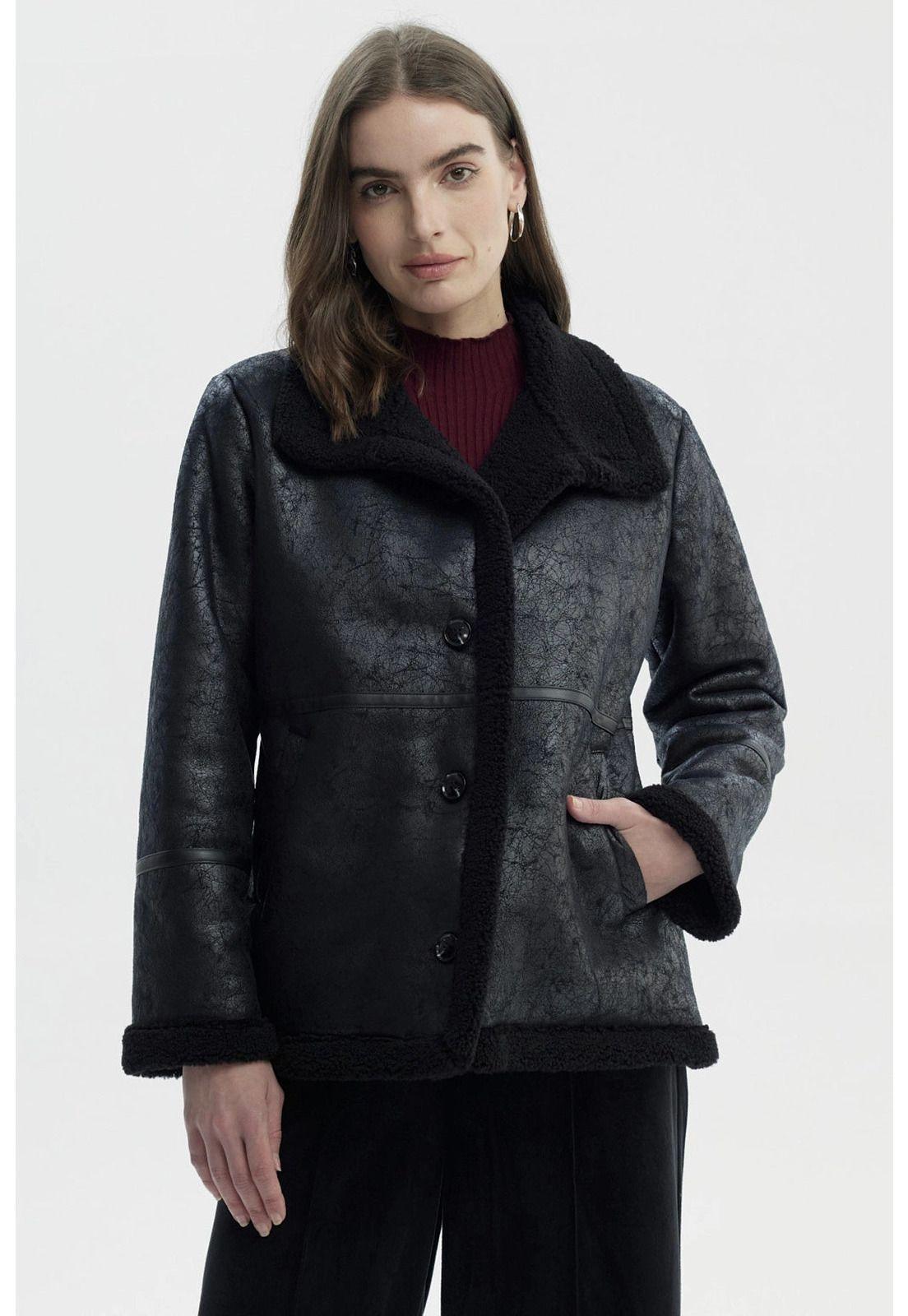 Chaqueta Mujer Oversize Cuello Camisero Negro-0