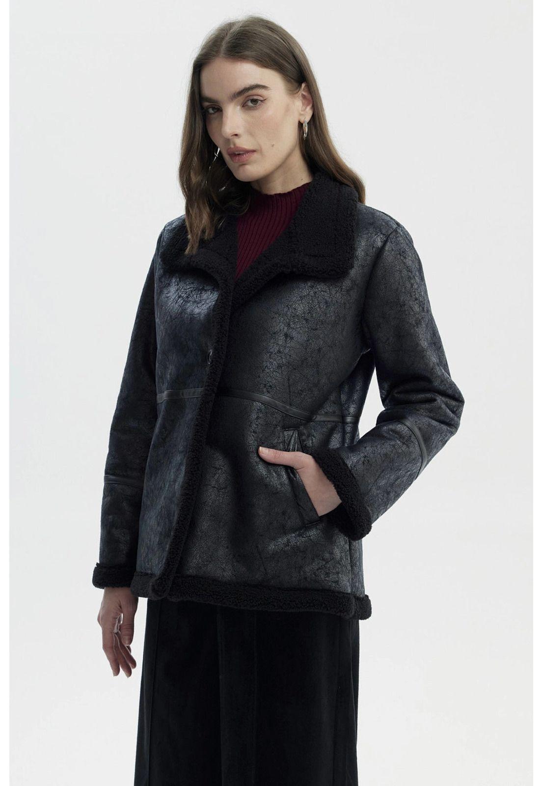 Chaqueta Mujer Oversize Cuello Camisero Negro-1
