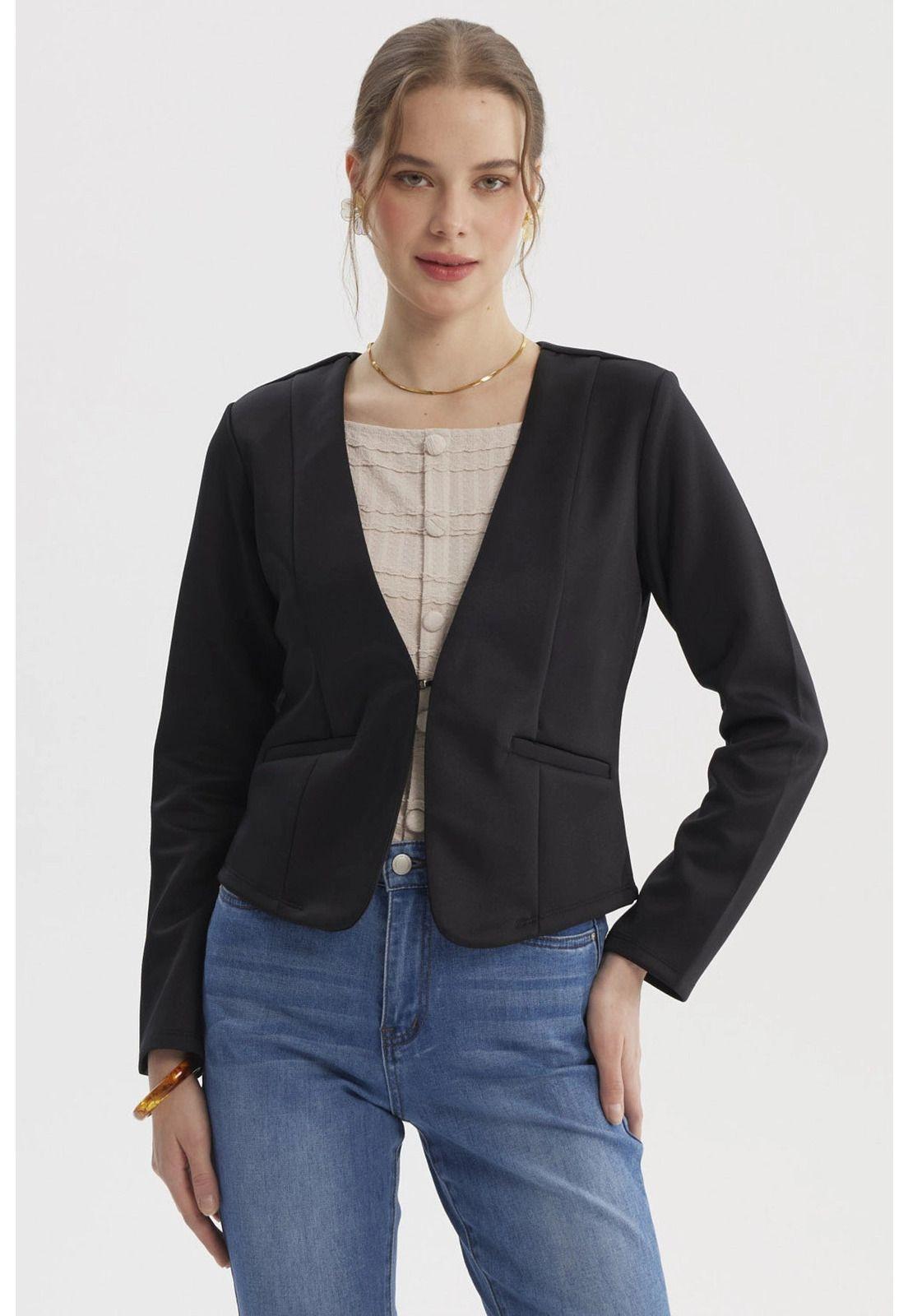 Blazer Mujer Sin Solapa Y Liso Negro - ll-0