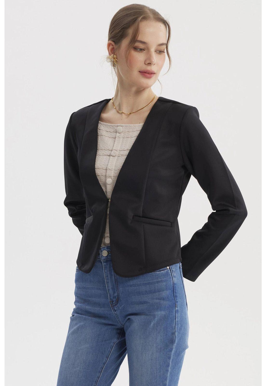 Blazer Mujer Sin Solapa Y Liso Negro - ll-1