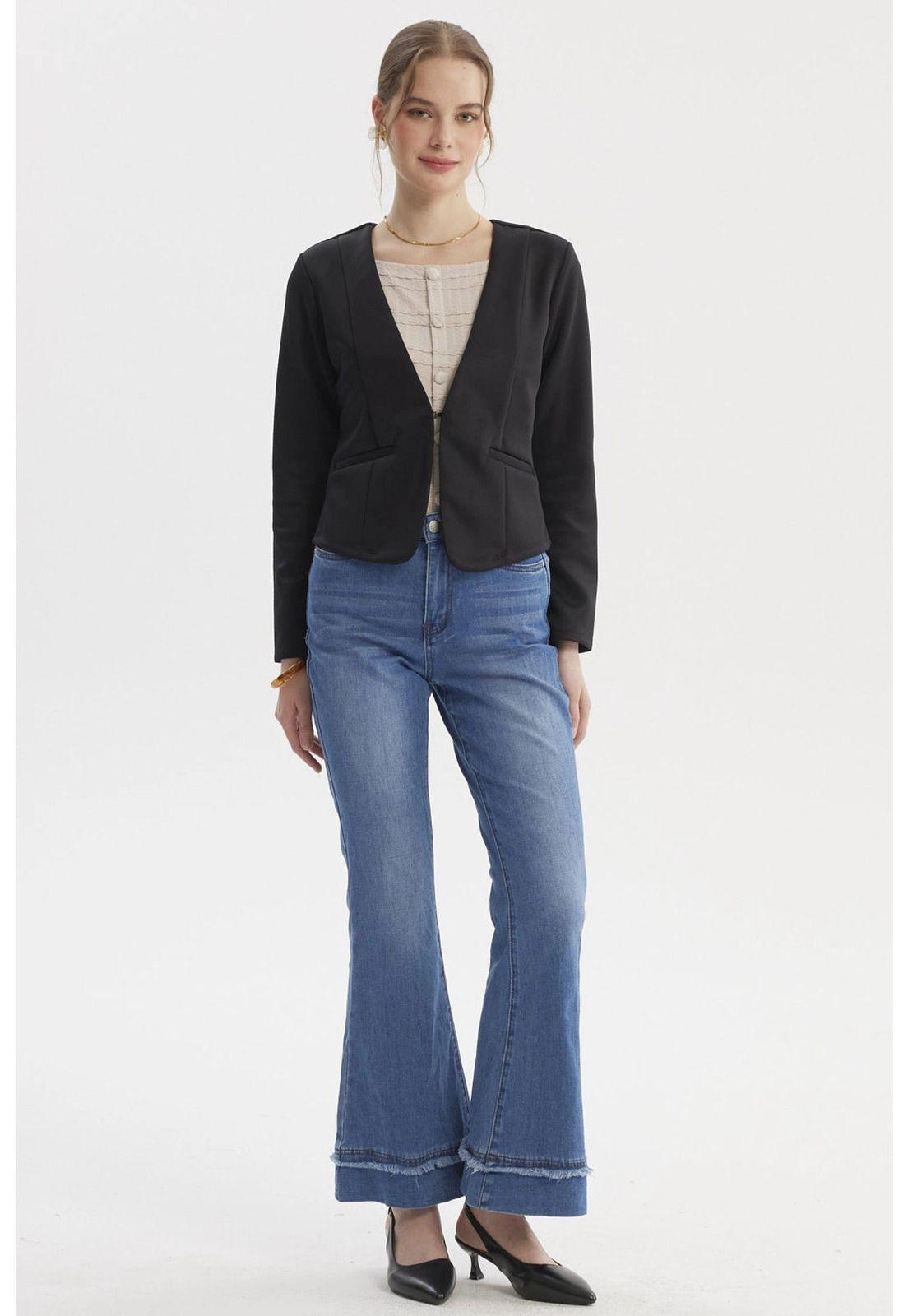 Blazer Mujer Sin Solapa Y Liso Negro - ll-3