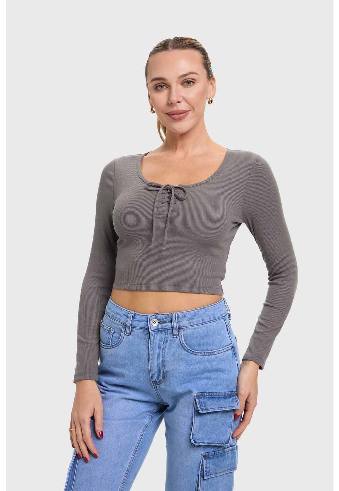 Polera Mujer Amarras Escote Gris-0