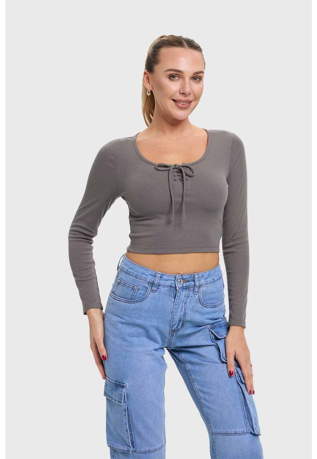 Polera Mujer Amarras Escote Gris-1