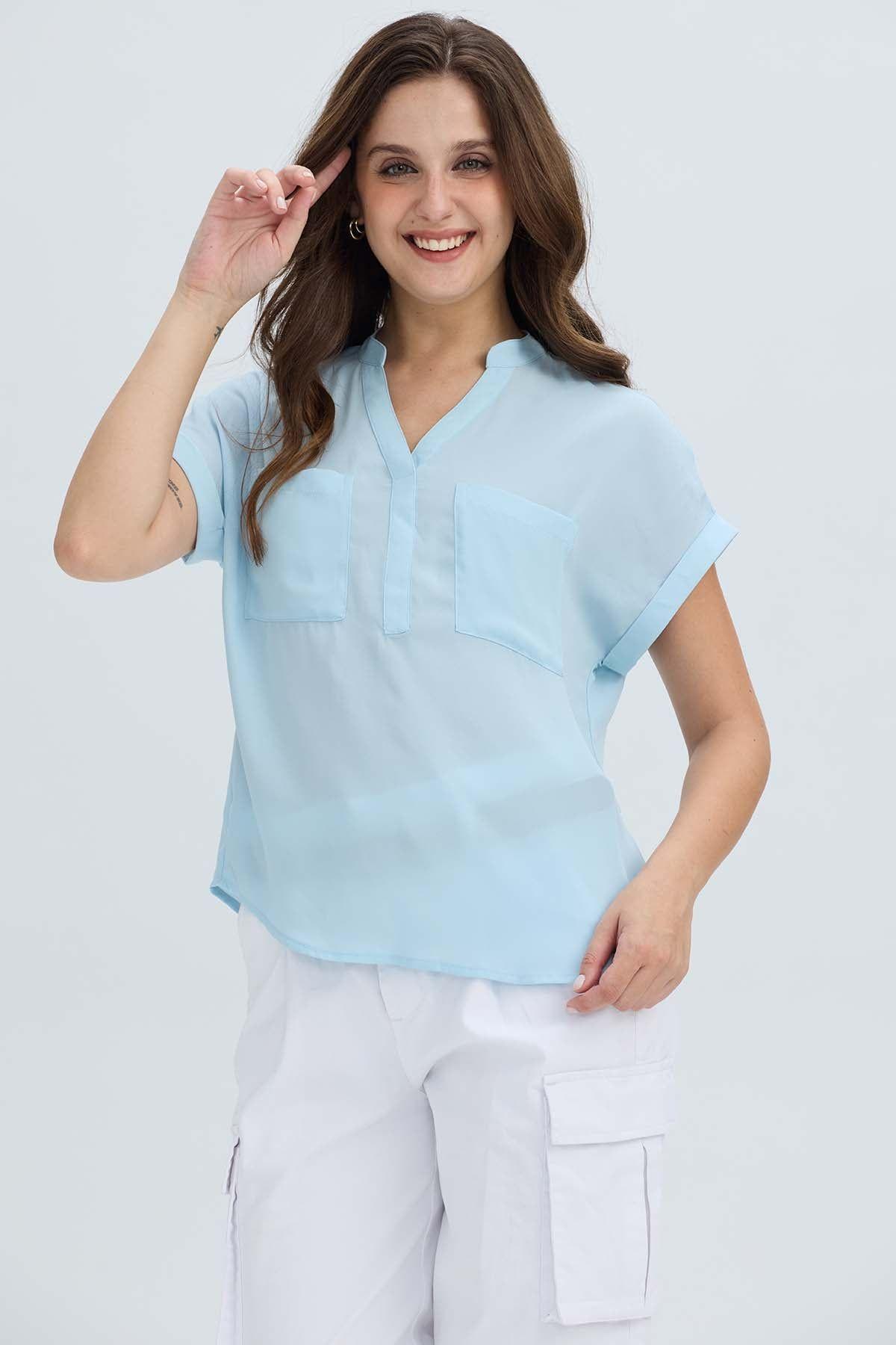 Blusa Mujer Dobladillo En Manga Celeste Claro-0