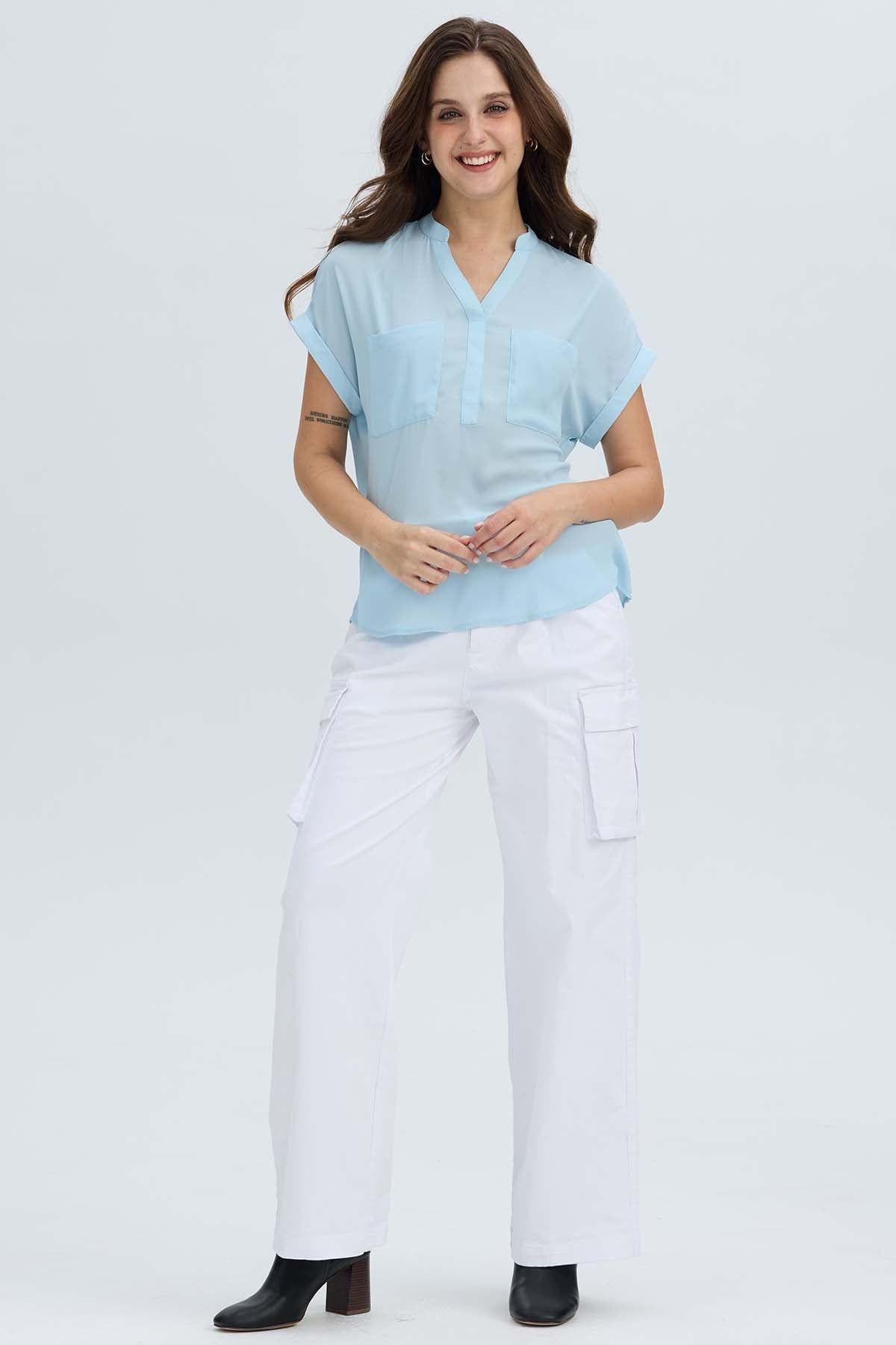 Blusa Mujer Dobladillo En Manga Celeste Claro-3