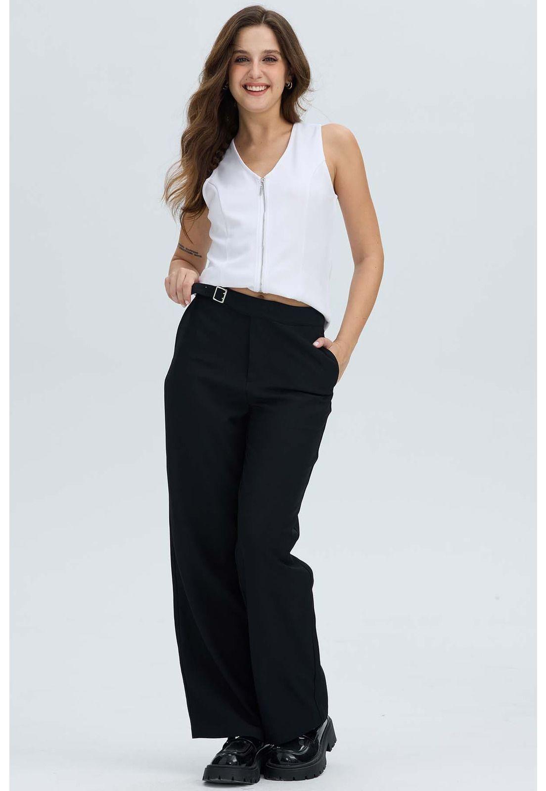 Pantalón Mujer Sastrero Aplicación Cinturón Negro-0