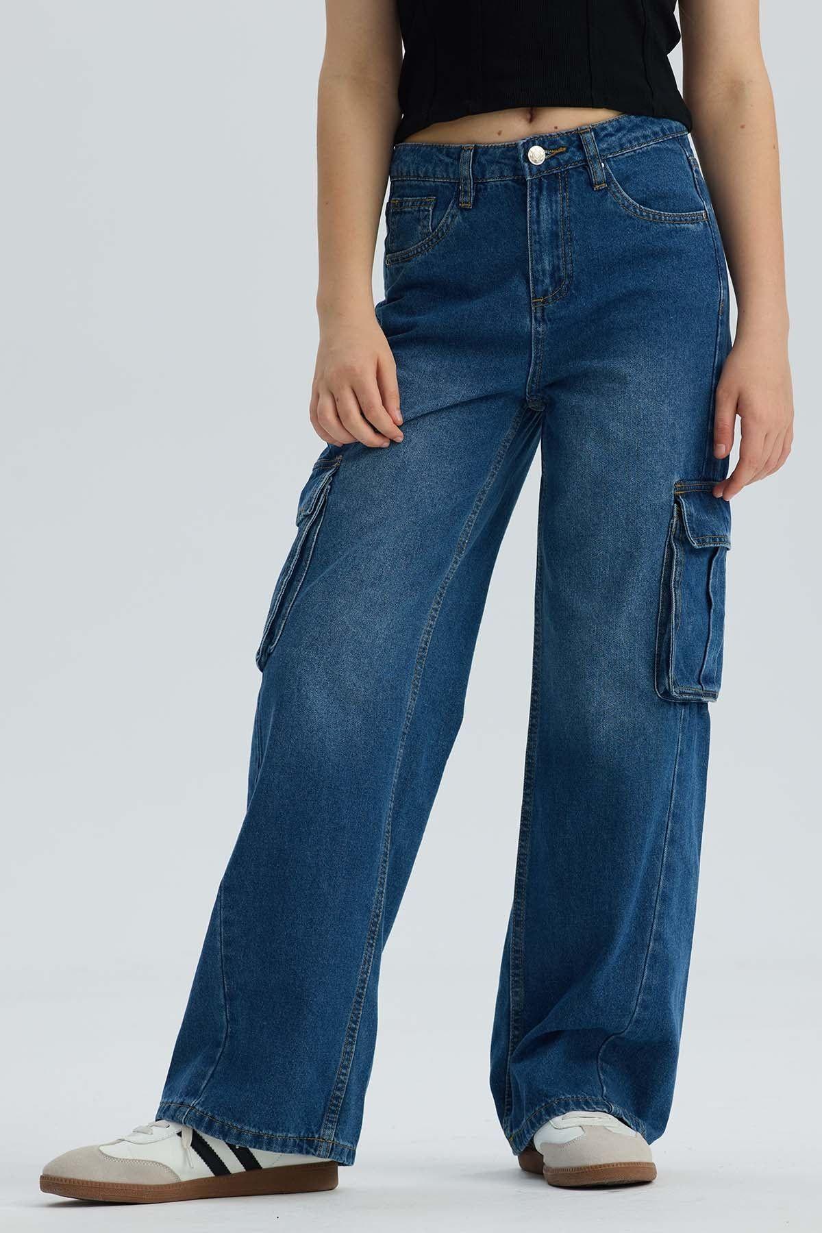 Jeans Niña Wide Leg Cargo Azul-0