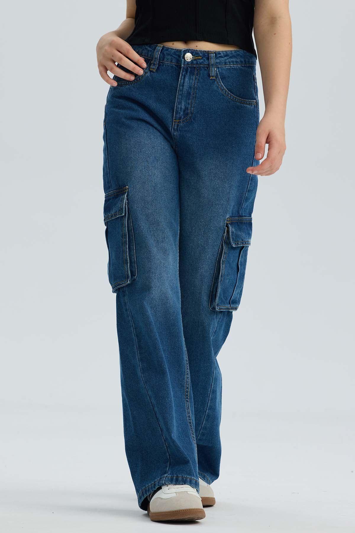 Jeans Niña Wide Leg Cargo Azul-1