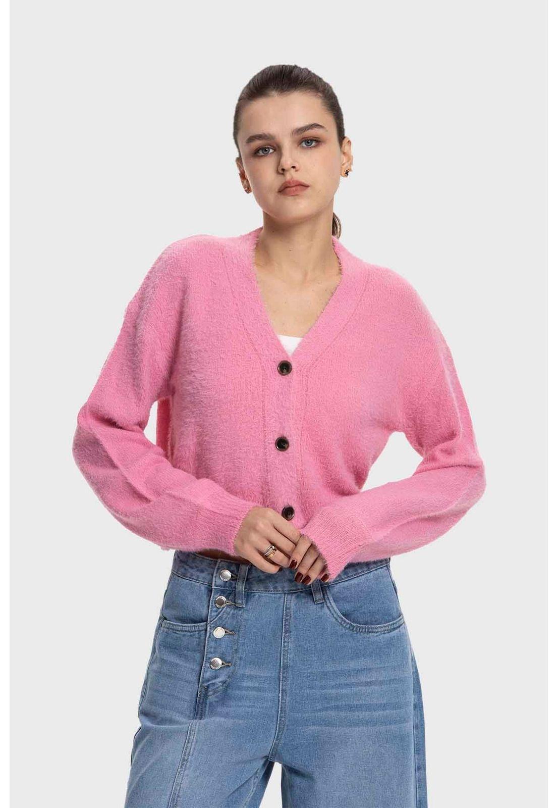 Sweater Mujer Cuello V Abierto Rosado-1