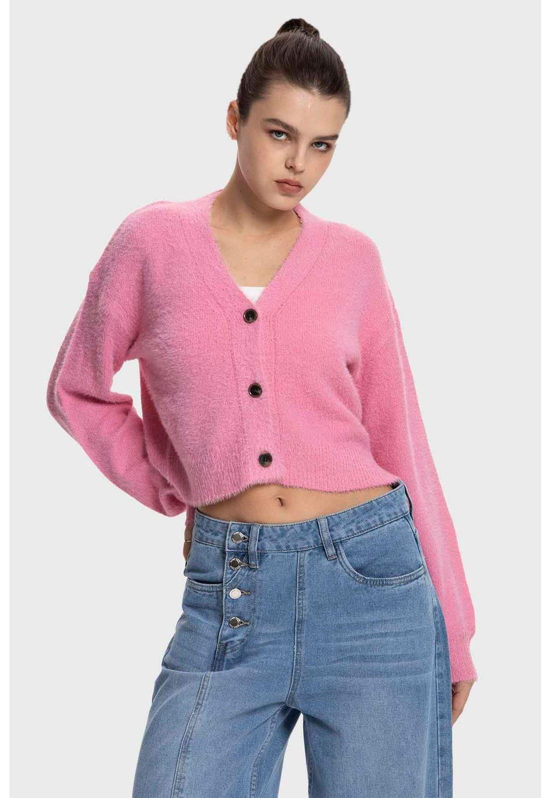 Sweater Mujer Cuello V Abierto Rosado-2