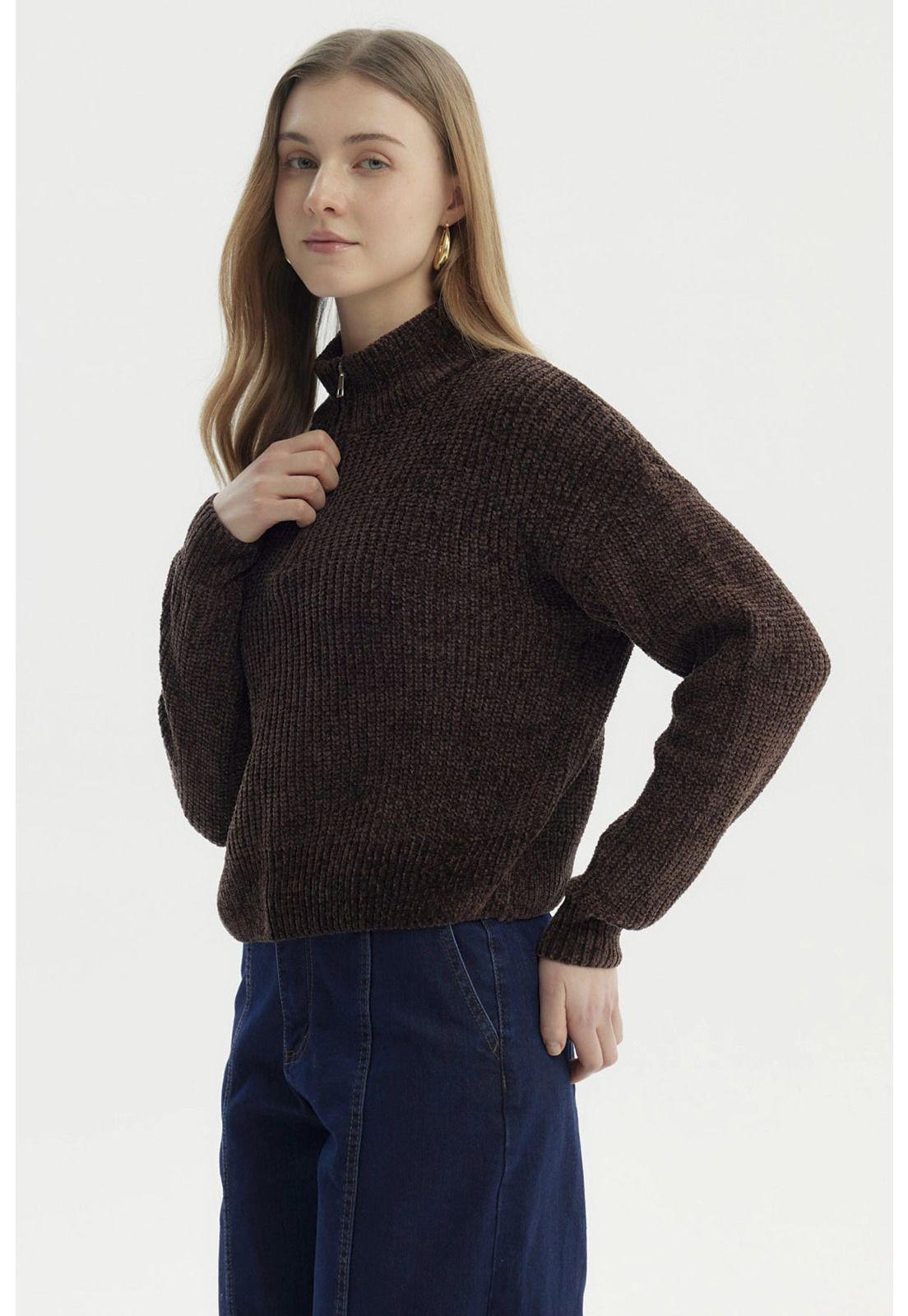 Sweater Mujer Half Zipper Chocolate-1