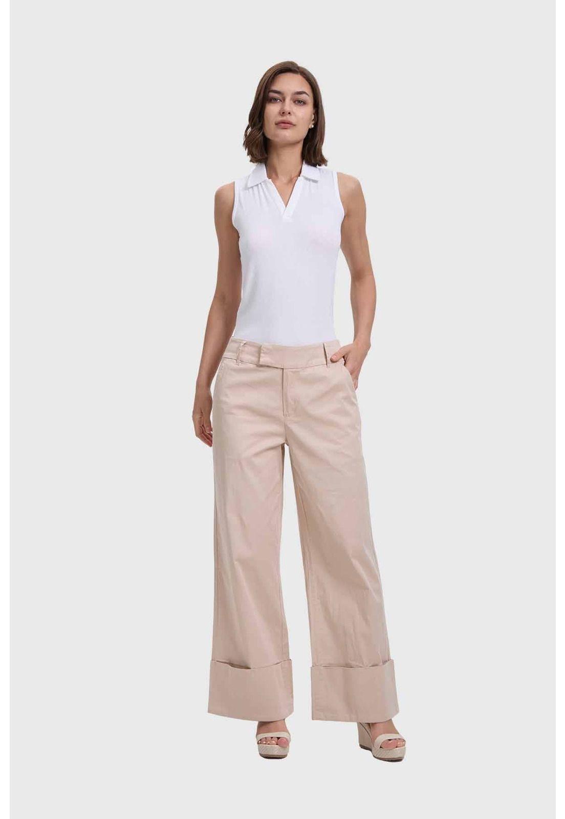 Pantalón Mujer Sastrero Basta Ancha Beige-3