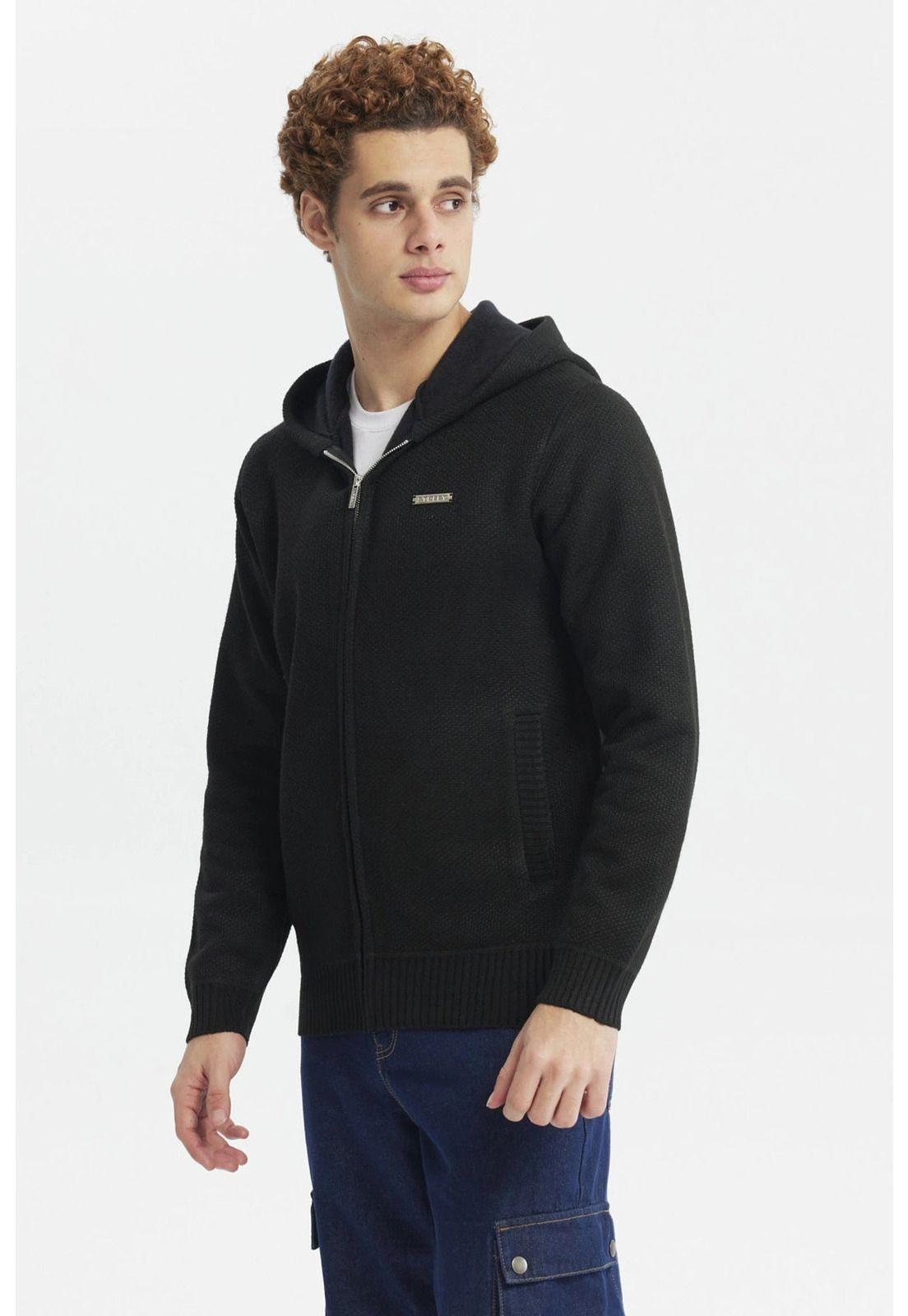 Sweater Hombre Hoodie Liso Con Micropolar Negro-1